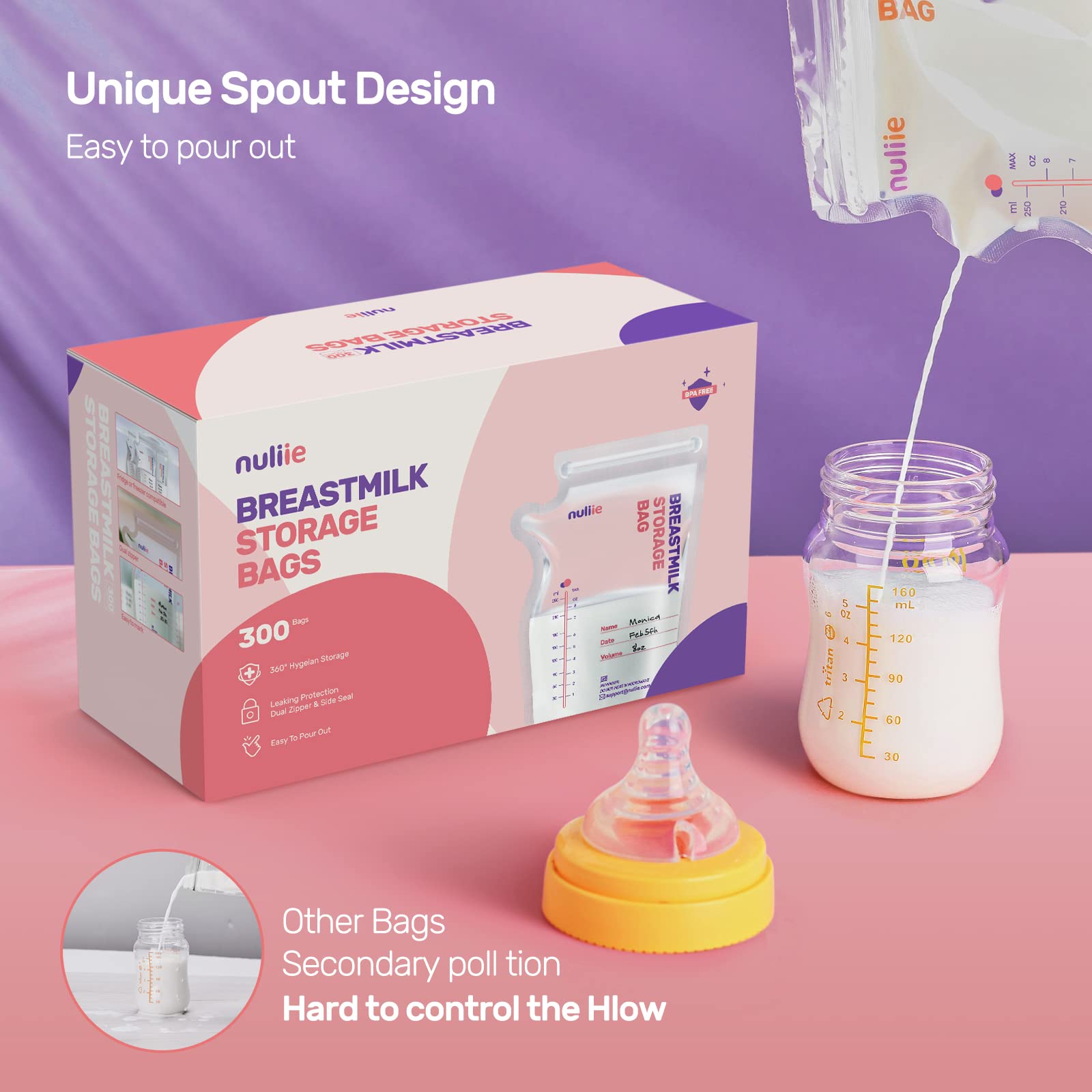 Nuliie 300 Pcs Breast Milk Storage Bags, 250ml BPA Free Milk Storage Bags with Pour Spout for Breastfeeding,… - Image 2