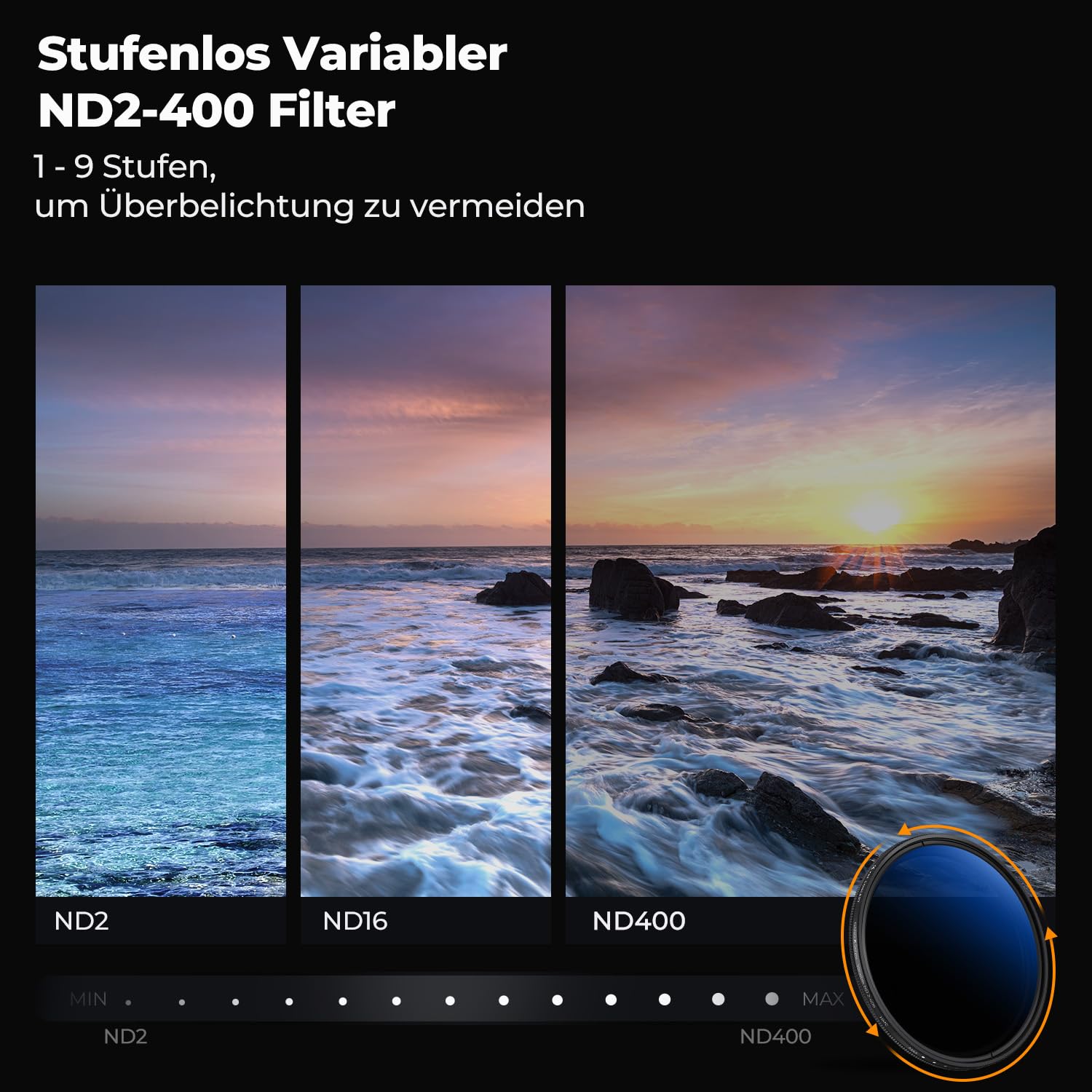 K&F CONCEPT K-Serie 52mm ND Filter Variabler Graufilter ND2-400 (1-9 Blendenstufen) mit Objektivdeckel