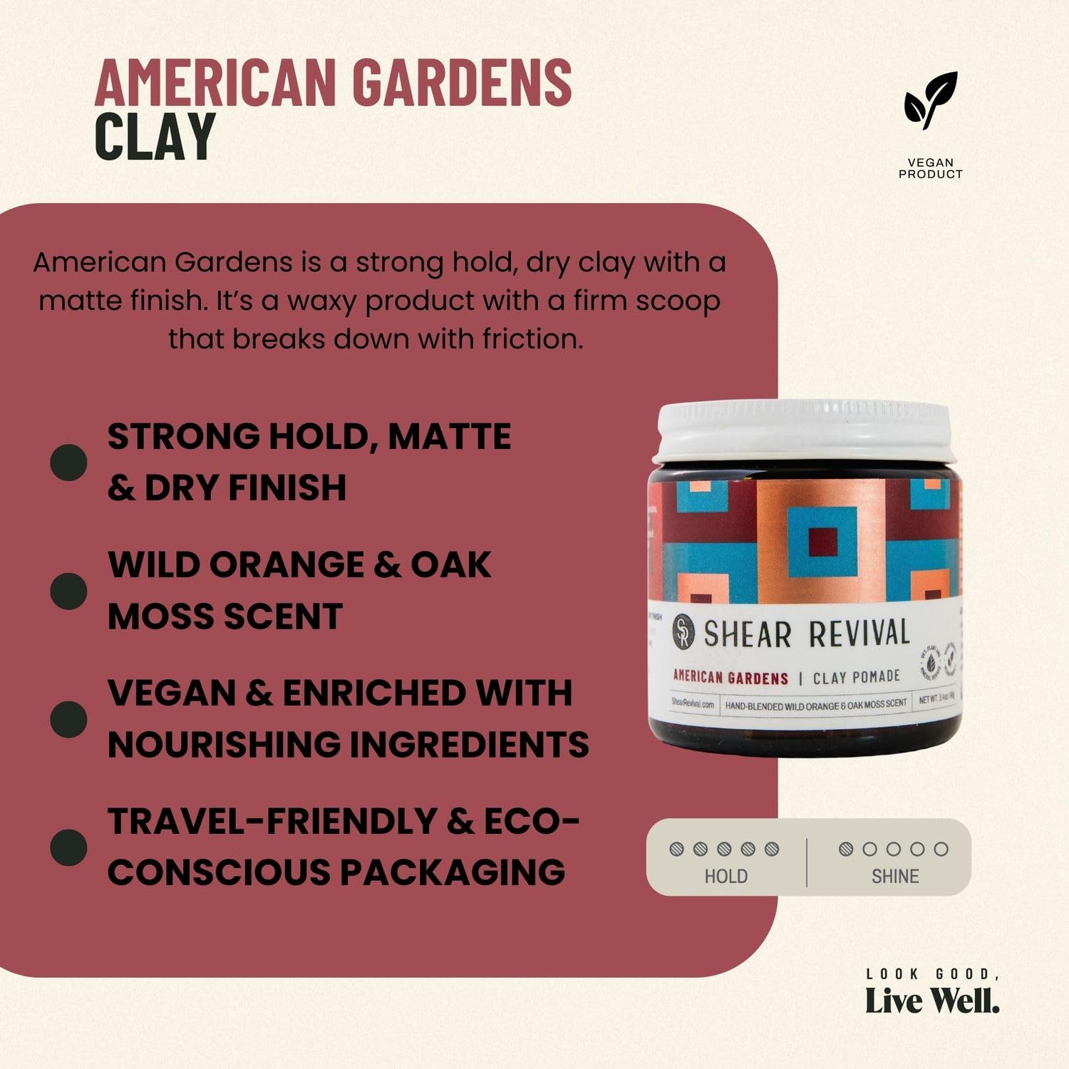 Shear Revival American Gardens - Argilla per capelli a fissazione forte, per uomo, finitura opaca, vegana, a base vegetale, fatto a mano con aloe e burro di karité