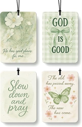 Ambientador de aire para automóvil cristiano con lazo floral verde retro, 4 piezas, ambientador colgante religioso femenino para autos, armario,