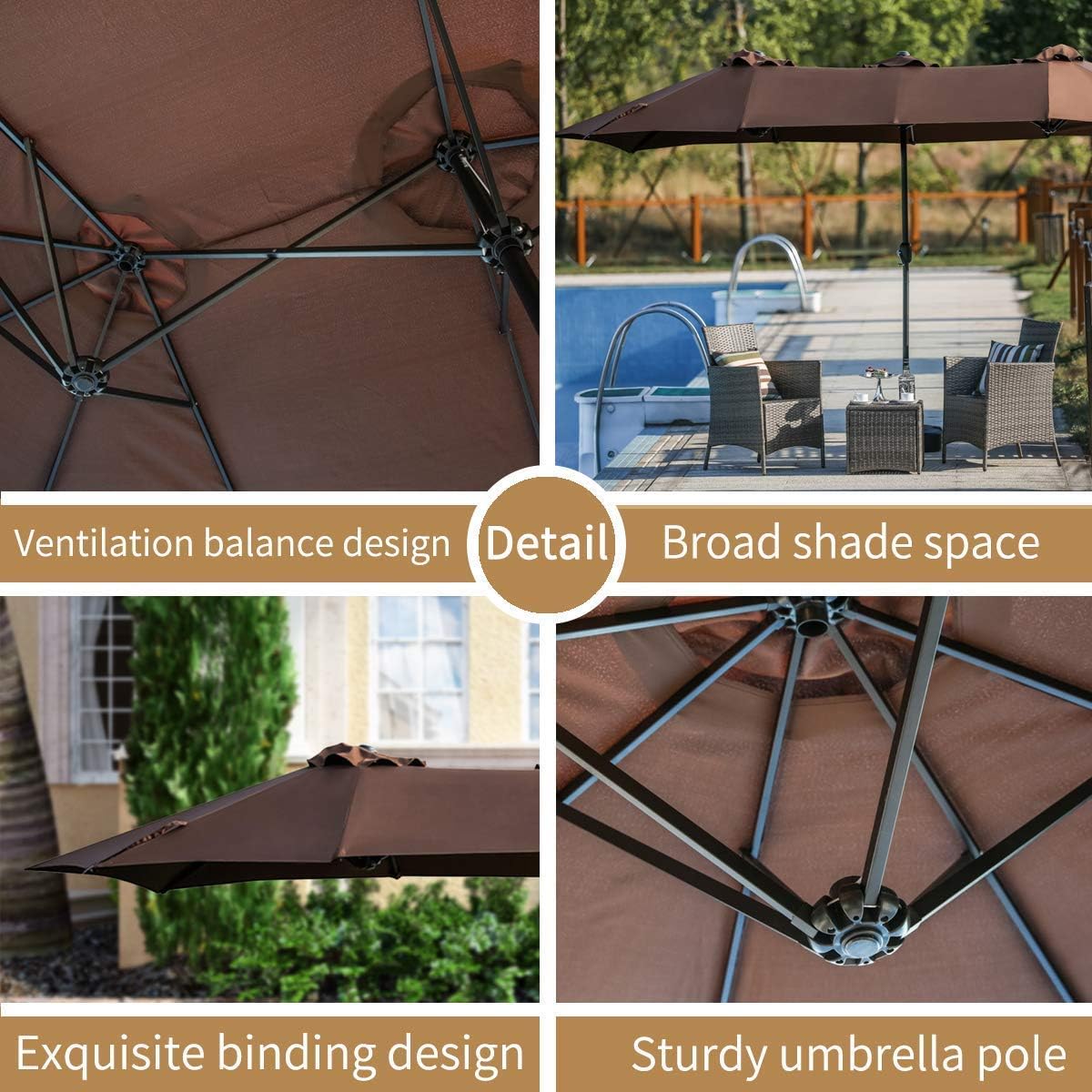 PatioFestival Double-Sided Outdoor Umbrella,15x9 Feet Aluminum Garden Large Umbrella with Crank for Market,Camping,Swimming Pool (Middle, Brown)