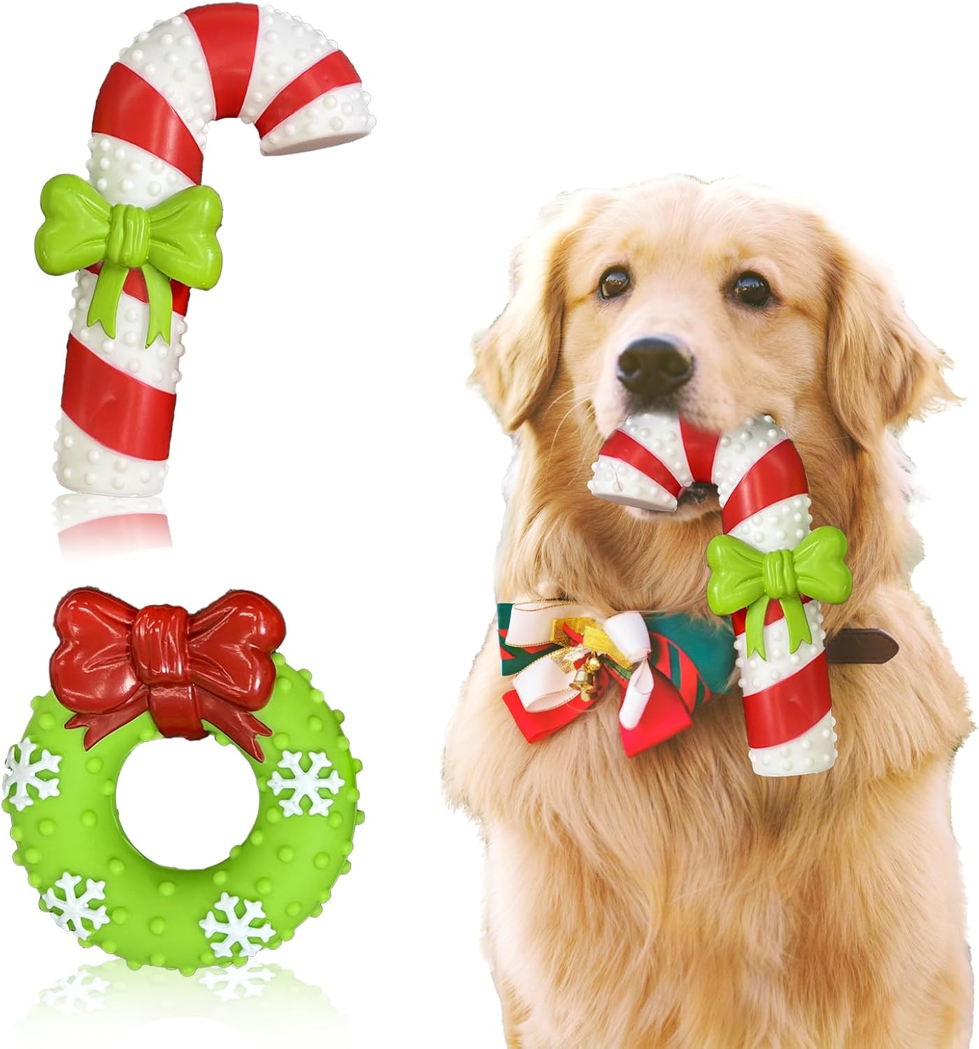 Christmas Dog Toys 2 Pack – Squeaky Candy Cane & Wreath Set, Fun Dog Christmas Toys for Puppies, Festive Christmas Dog Toy, Great Christmas Pet Gifts