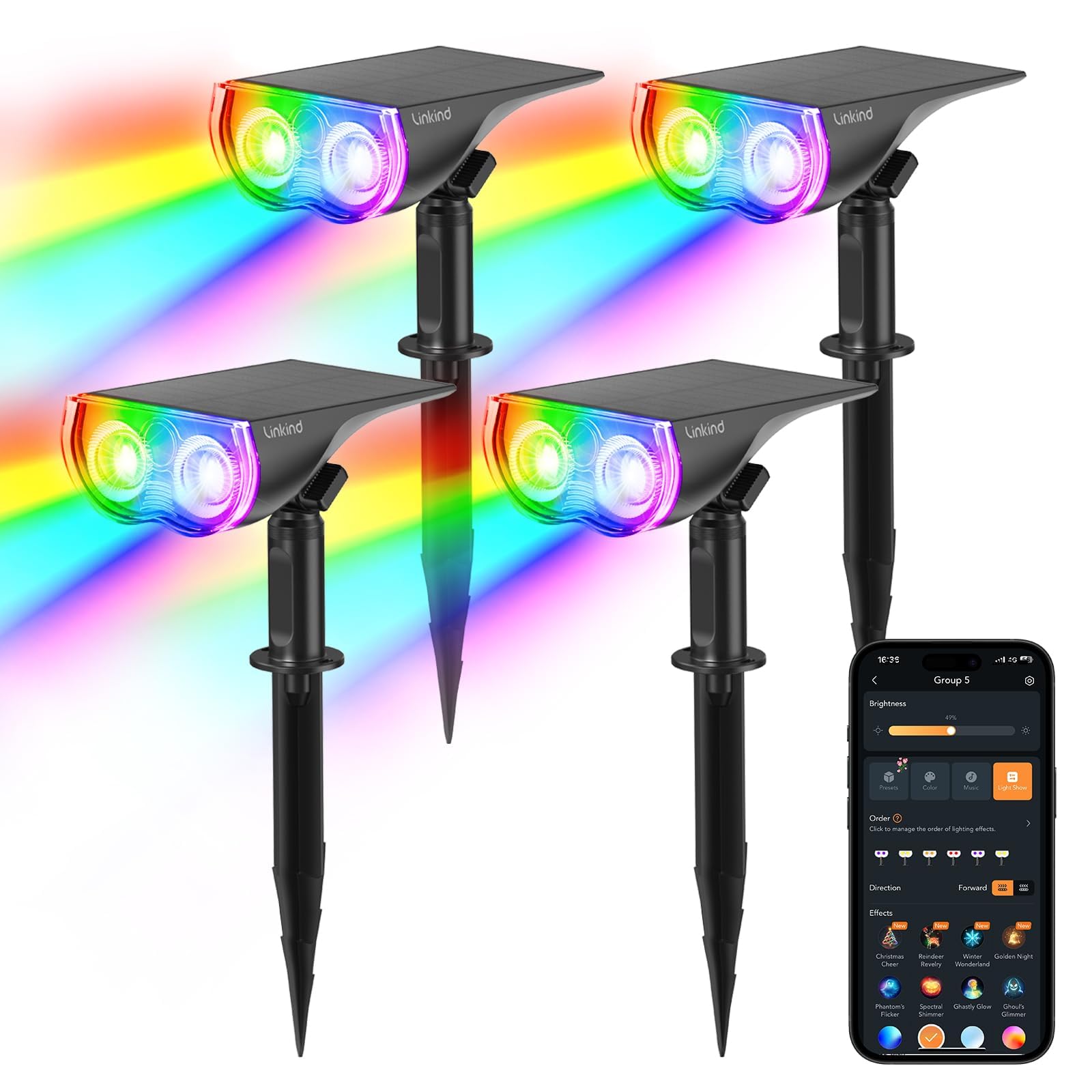 Linkind Smart-Multi-Color Smart Outdoor Solar Lights, Rgbtw Colour Changing Waterproof Solar Spotlight With App, Garden & Pathway Stake Lights, 4-Pack