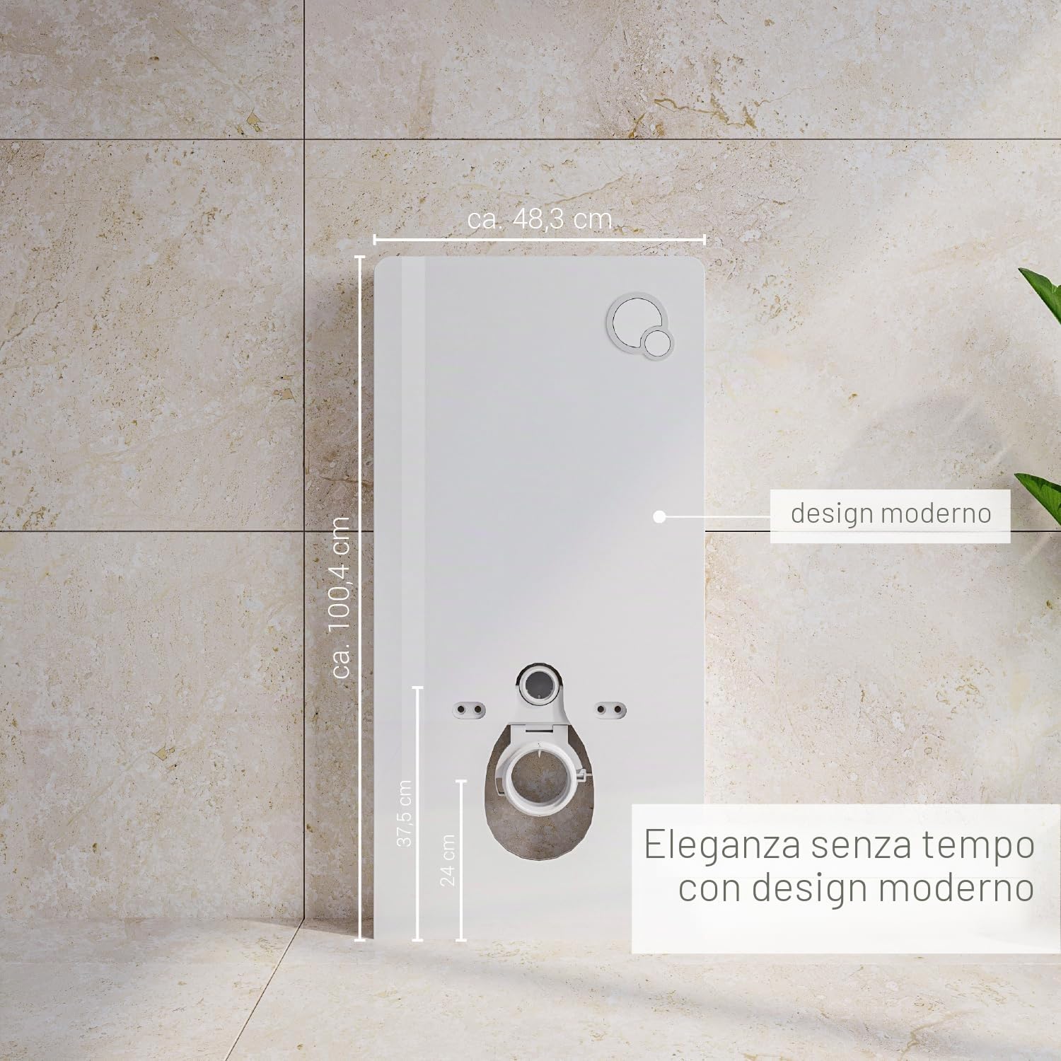 Sistema modulo sanitario 805 di installazione per WC vaso sospeso a parete esterno- con pulsante di scarico - in alluminio e vetro bianco - cassetta monoblocco - bella e funzionale