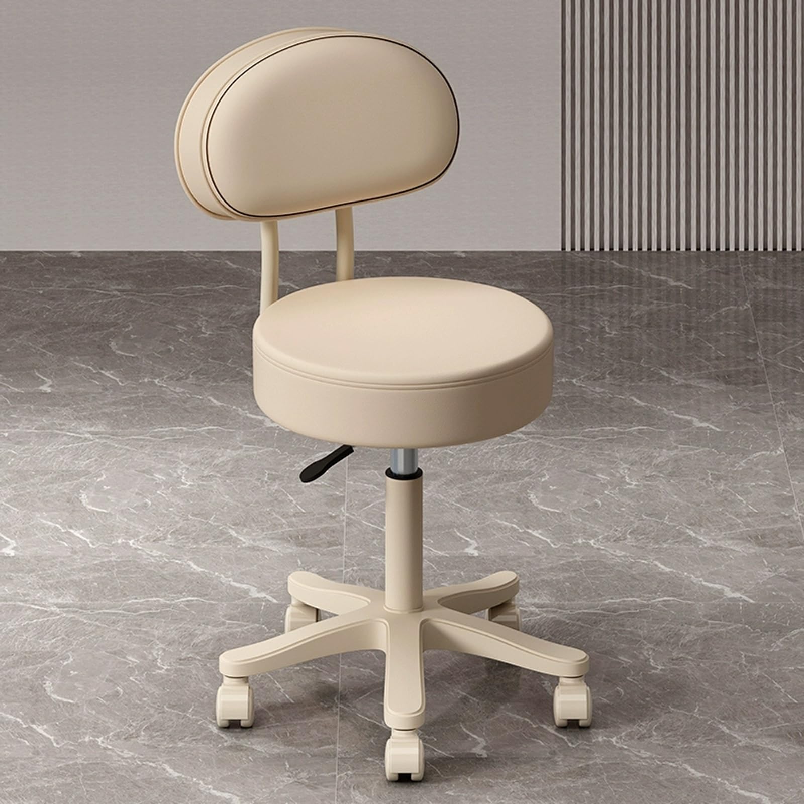 Taburete Peluqueria con Ruedas y Respaldo Regulable en Altura 43-52cm, Taburete Tocador Maquillaje Giratorio en 360 (White)