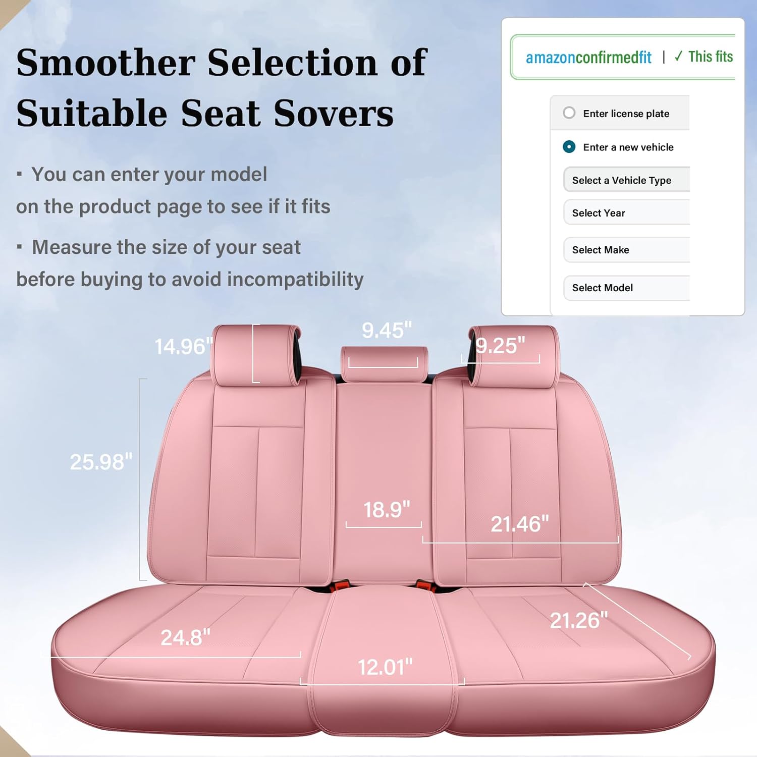 Coverado Rear Seat Covers for Cars, Waterproof Back Car Seat Cover, Pink Backseat Cover, Seat Back Protector for Kids, 3-Pieces Faux Leather Car Seat Cushion Universal Fit for Most Cars