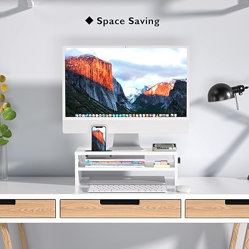 Miniatura 7 de BONTEC Soporte elevador de madera para monitor, estante de escritorio de 2 niveles con organizador de almacenamiento, soporte ergonómico para