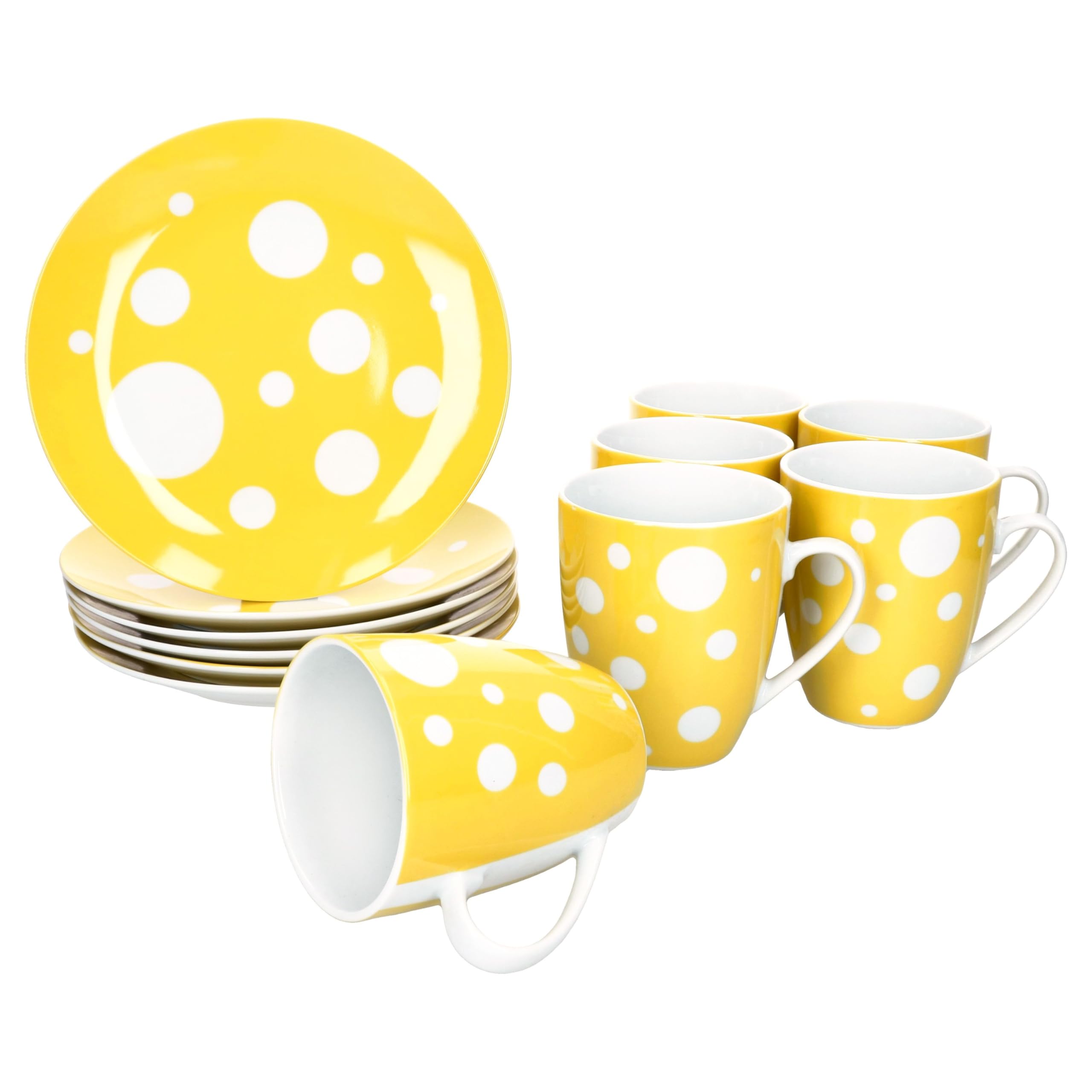 MamboCat Pula gelb 12tlg Frühstücksset I je 6X Gepunktete Kuchenteller & Kaffeebecher 300 ml aus Porzellan I 6 Personen I gelbes Punkte-Dekor I für Frühstück & Kaffee