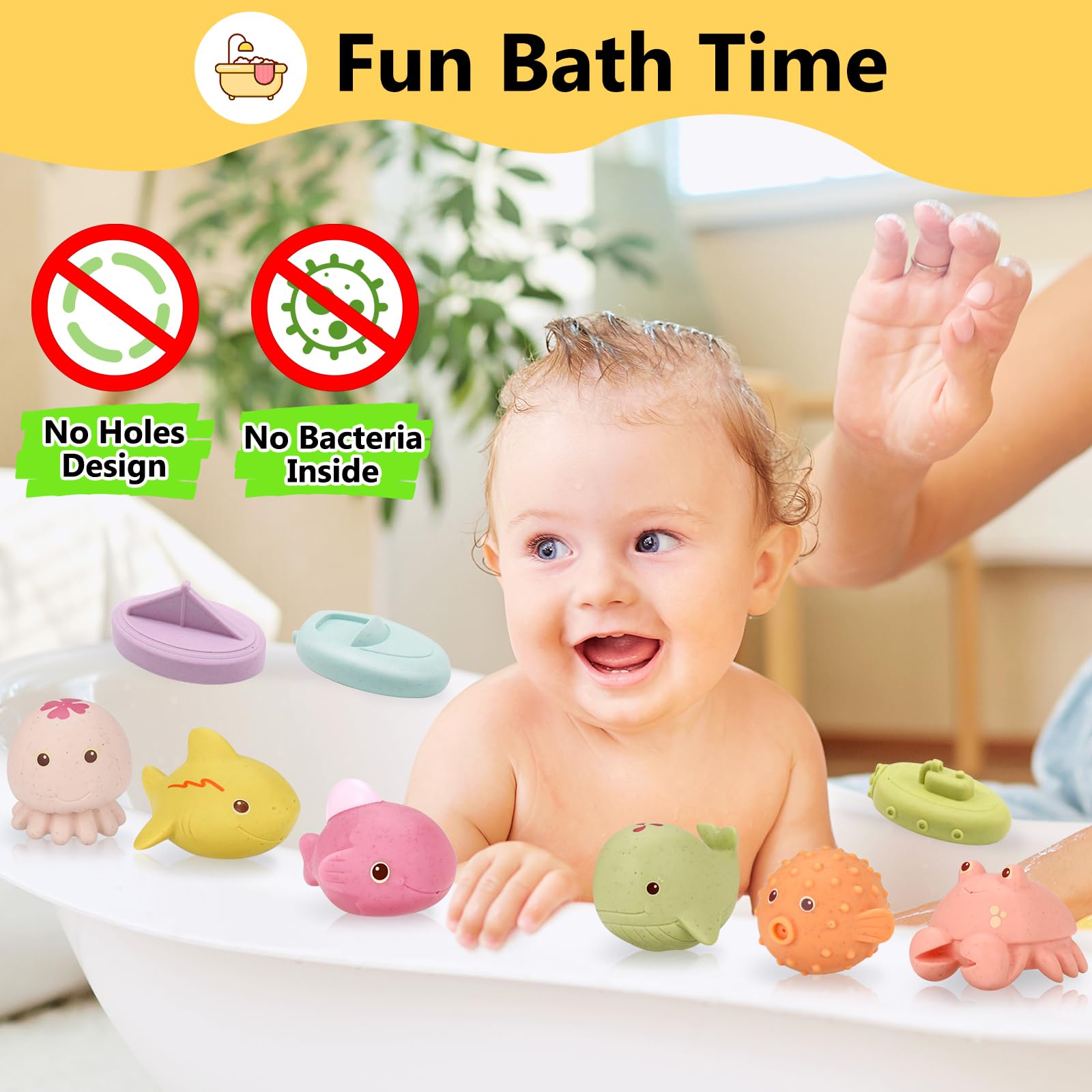 Giocattoli da bagno per bambini antimuffa, 9 pezzi di giocattoli di animali marini antimuffa per bambini da 1 a 4 anni, giocattoli da bagno in PVC sicuri per Bambini e bambine
