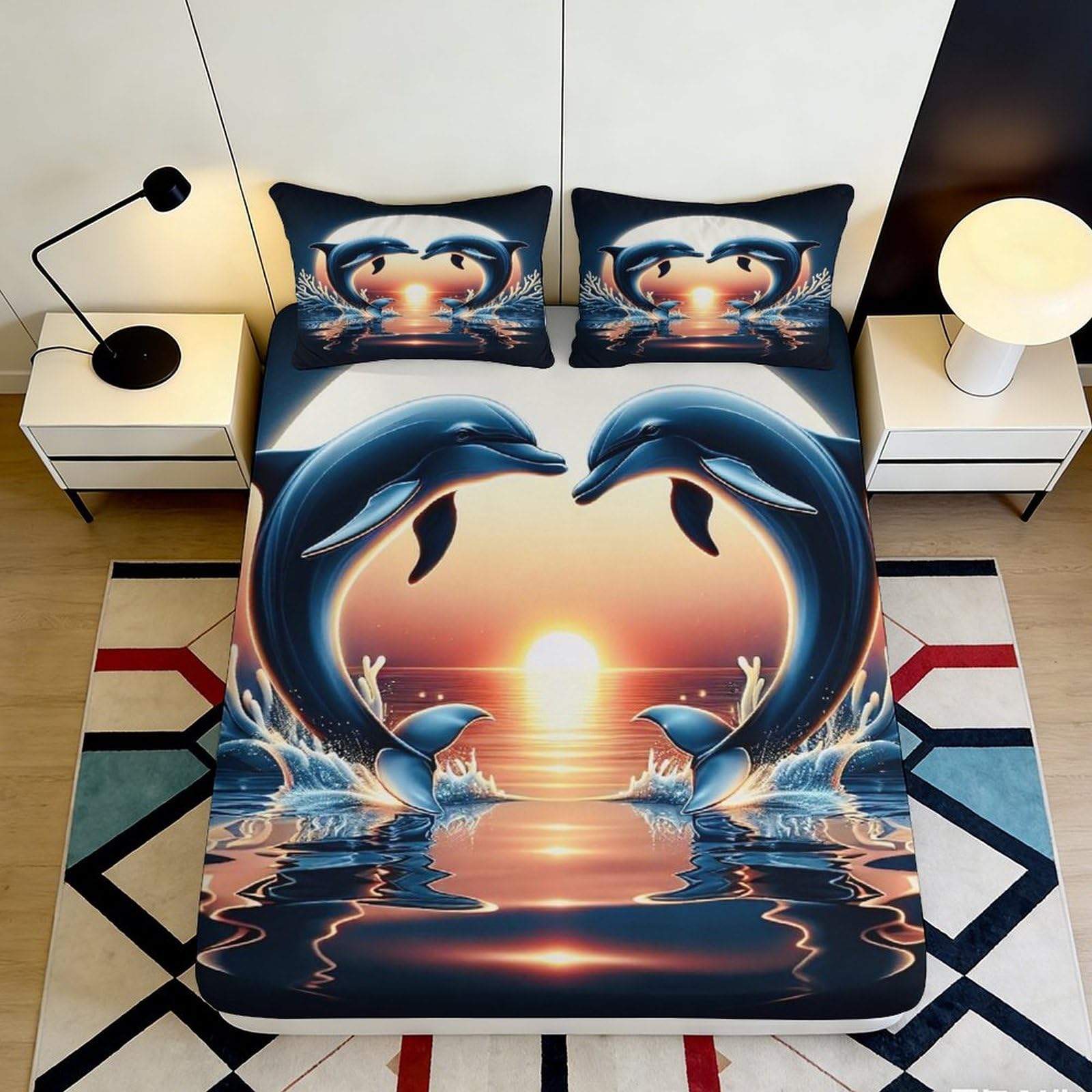 Pnayamiorkfel Style-6 3D Printed Dolphin Sunset Fitted Sheet Microfiber Blue Ocean Bed Cover Anti-Slip Machine Washable For Bedroom Guest Room 90X200x25cm