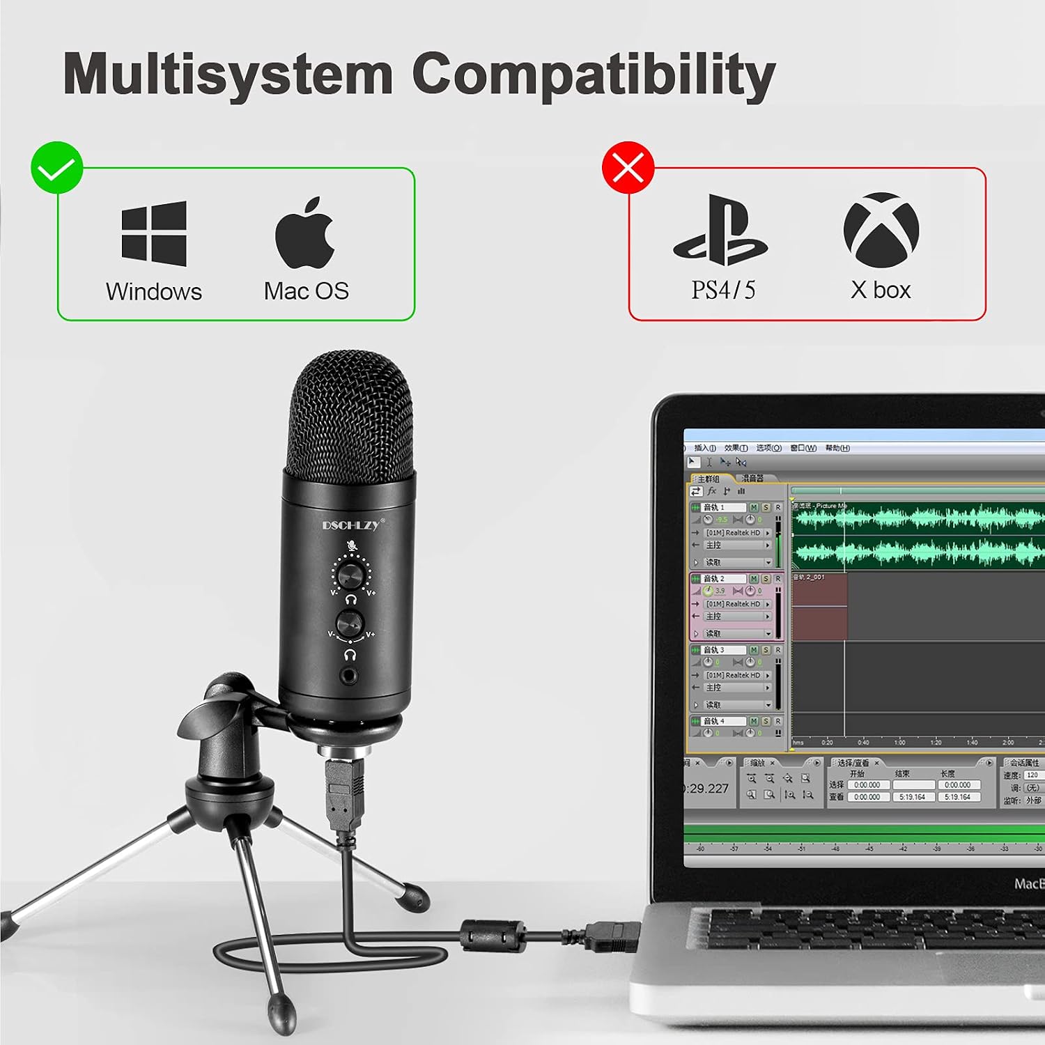 DSCHLZY USB Condenser Podcast PC Microphone: Vocal Recording Streaming Mic Studio Professional Zero Latency Monitoring Kit for Singing Skype Gaming Voice YouTube with Tripod Stand