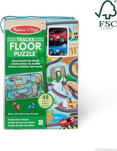 Miniatura 3 de Melissa & Doug Race Around The World Tracks - Rompecabezas de cartón y vehículos enrollados (48 piezas) para preescolares y niños a partir de 4