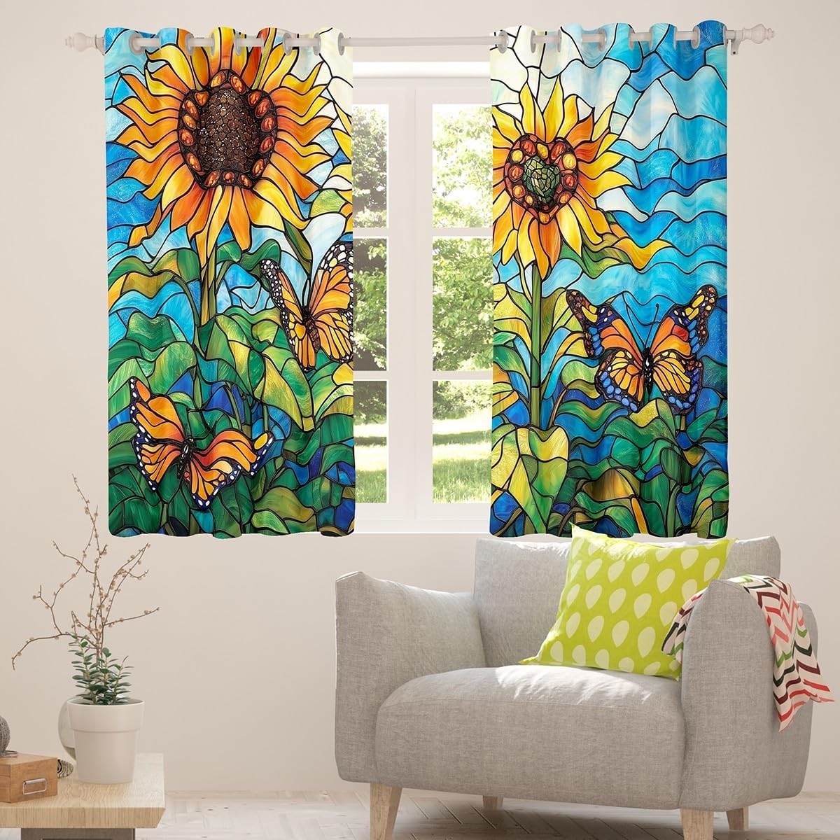 Manfei Rustic Sunflowers Kids Adults Window Curtain,Spring Florals Butterfly Window Treatment Curtain for Living Room Decor,RusticFarmhouse Style Window Drapes for Teens Child Bedroom Decor,38Wx45L