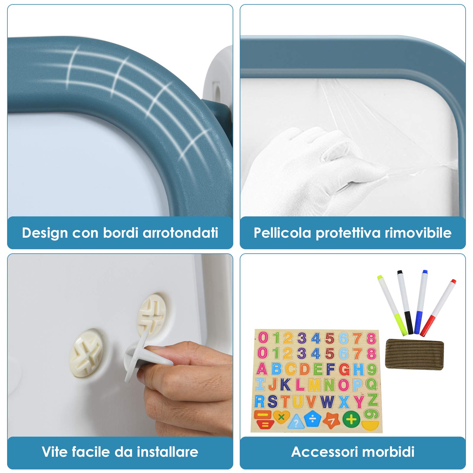 COSTWAY Set 2 in 1 Cavalletto per Bambini, Lavagna Magnetica Multifunzione Bifacciale, Libreria Bambini Altezza Regolabile, con Sedia e Accessori (Blu)