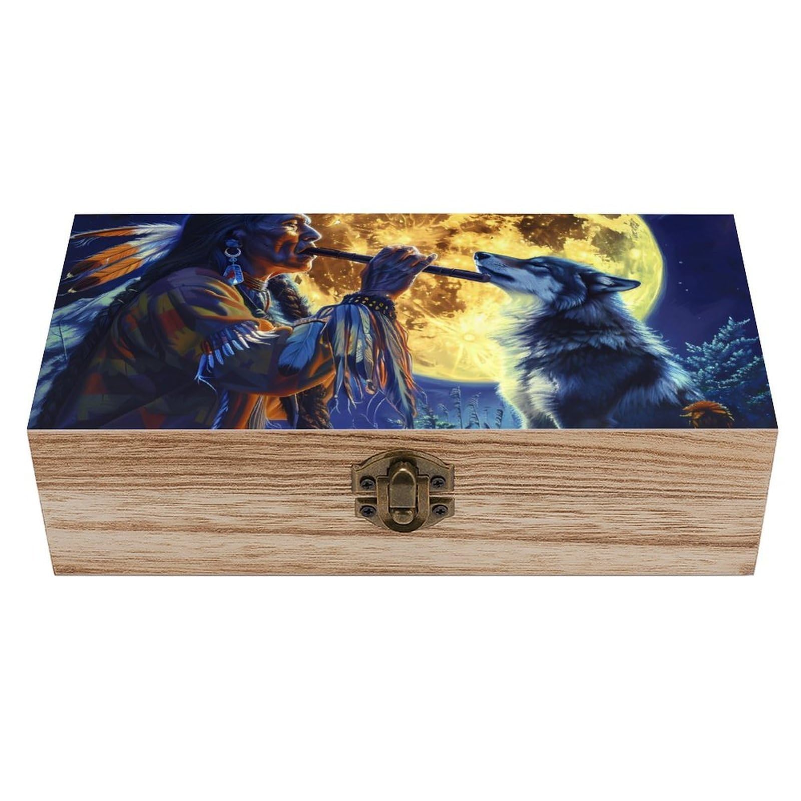 HLBSDM Tribal Wolf Song Native American Wooden Box with Hinged Lid Decorative Storage Case Container