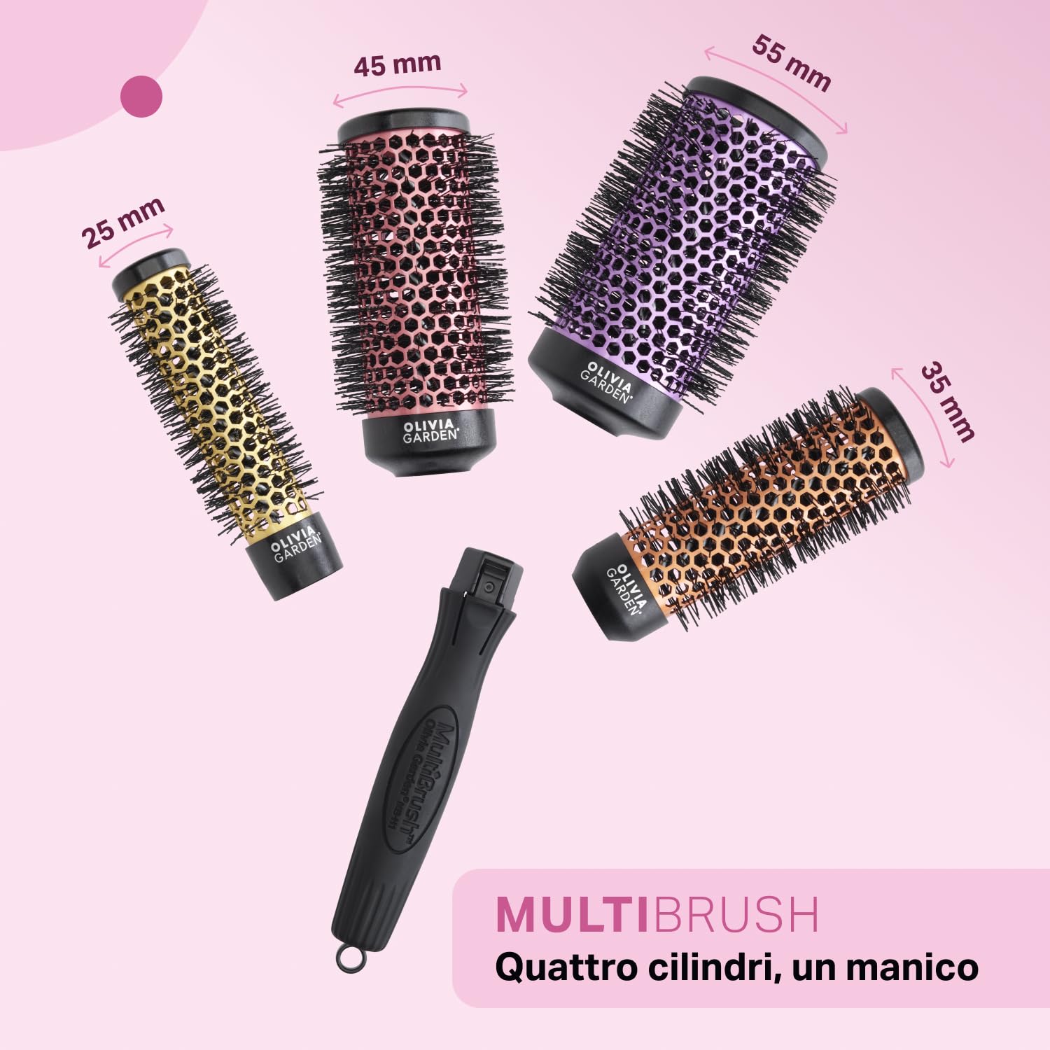 Olivia Garden Kit bigodini multibrush – 4 barili e 1 manico – fusti senza risciacquo, perfetti per ricci e volume