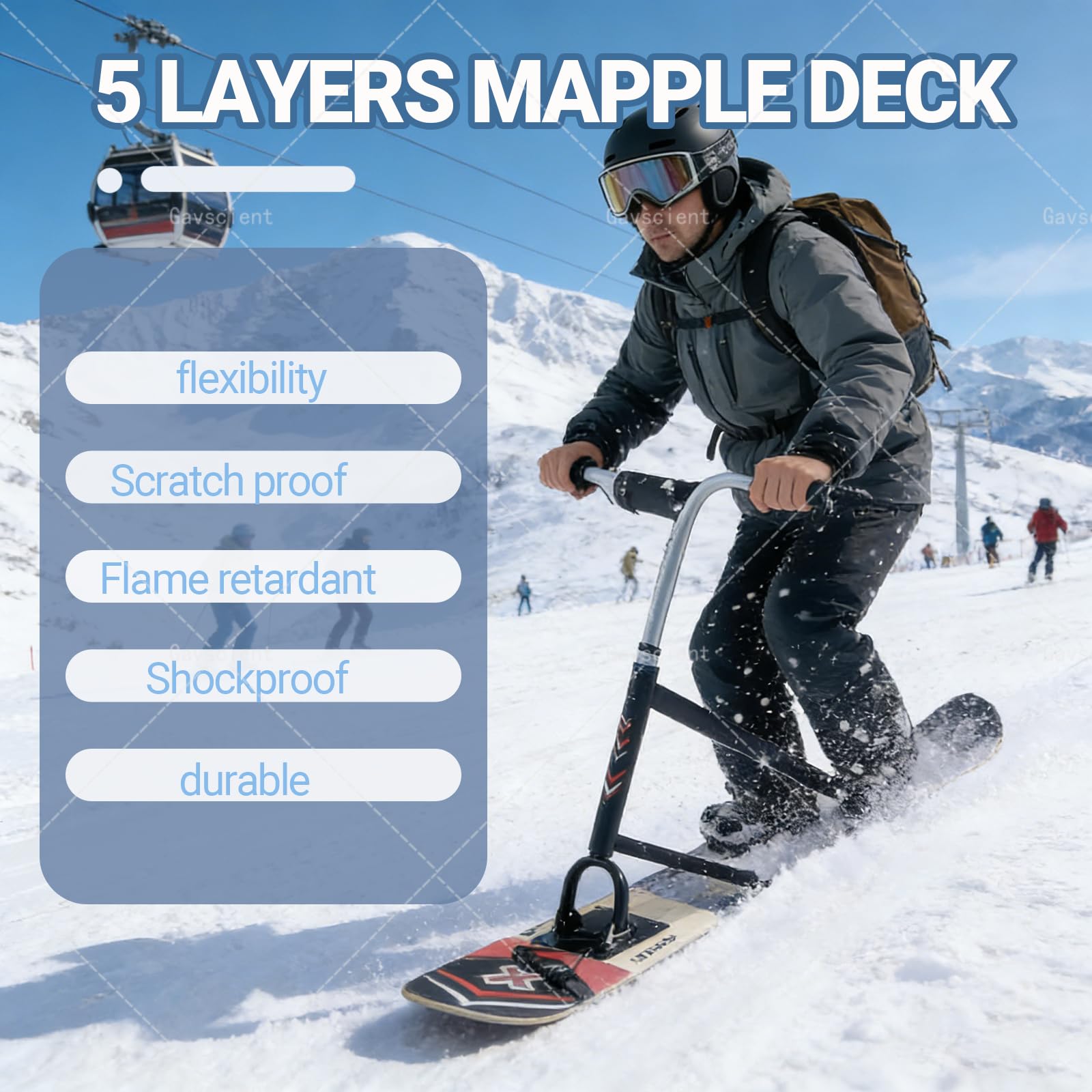 Trottinette de ski tout-terrain pour adulte avec poignée de direction à 360° et design double planche, charge maximale 150 kg, idéal pour la neige tout-terrain et le plaisir des stations de ski