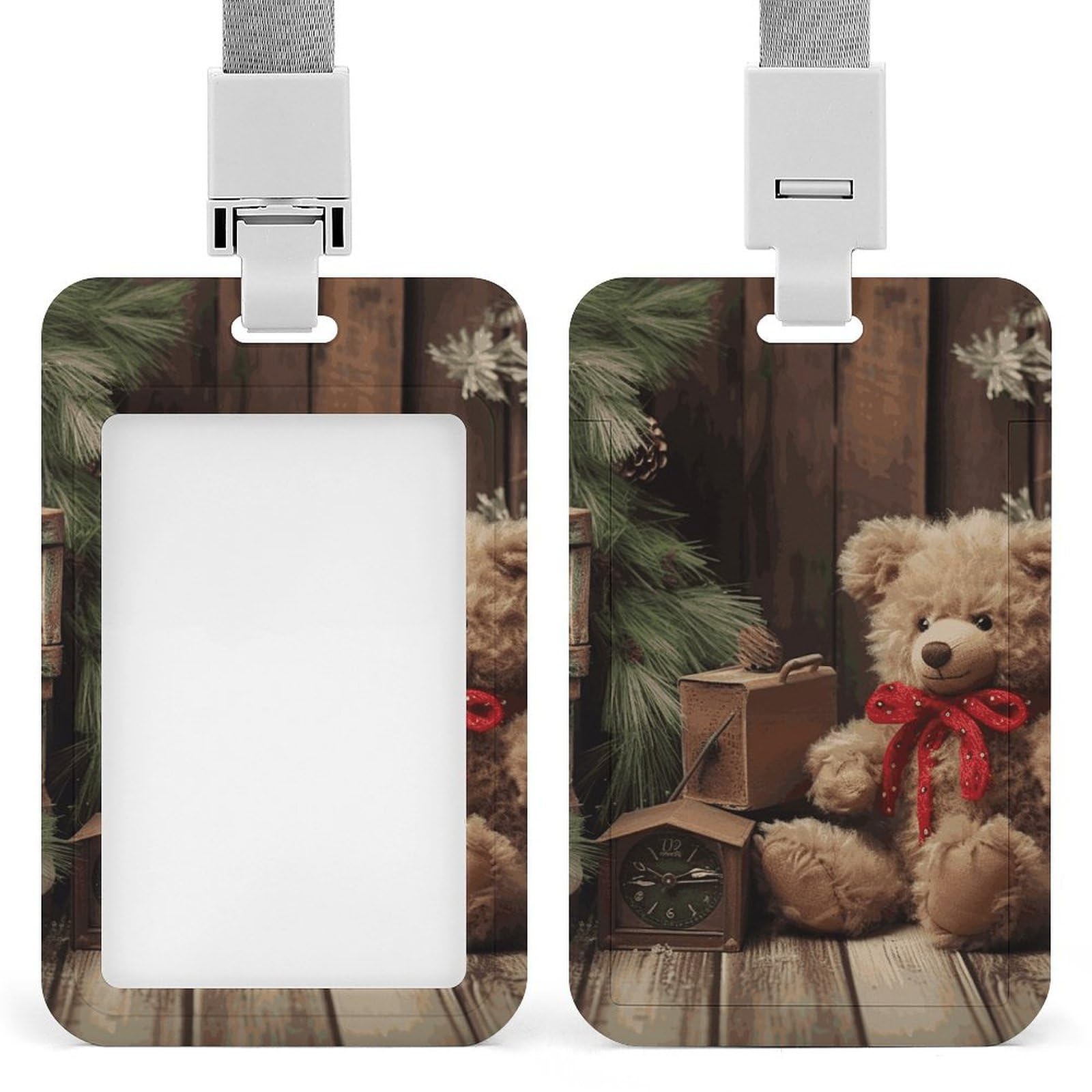 ID Card Holders for Lanyard,Xmas Tree Branch Bear Doll Printed Badge Holder with Clear Window,Plastic Vertical Bus Pass Holders for Work Teacher Nurse Employees Proximity Key Cards Women Men — image 1