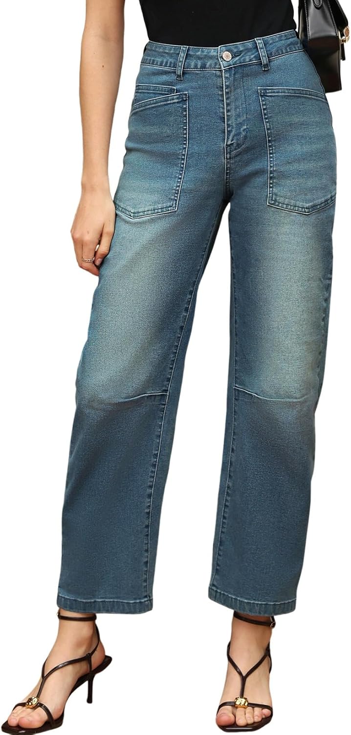 EVALESS Womens Baggy Barrel Jeans High Waisted Wide Leg Boyfriend Denim Ankle Pants - Image 2