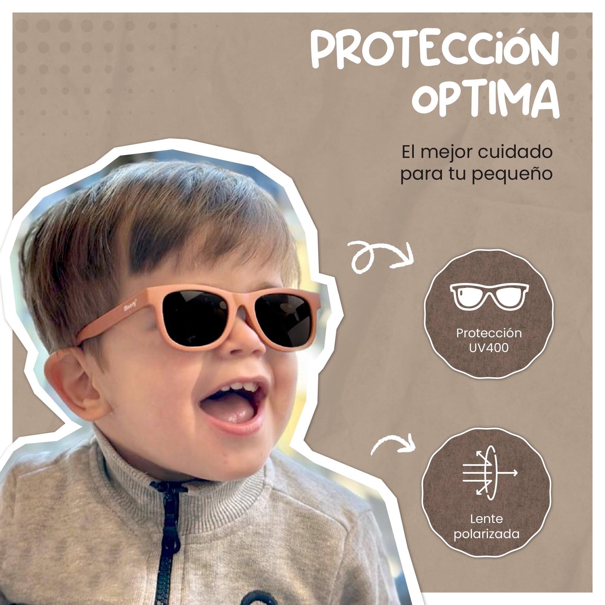 Gafas de Sol para Bebé, 0-2 Años, Protección Polarizada UV400, Montura Flexible y Blanda, Cinta Elástica Ajustable, Gafas de Sol Seguras y Cómodas para Bebés, Indi