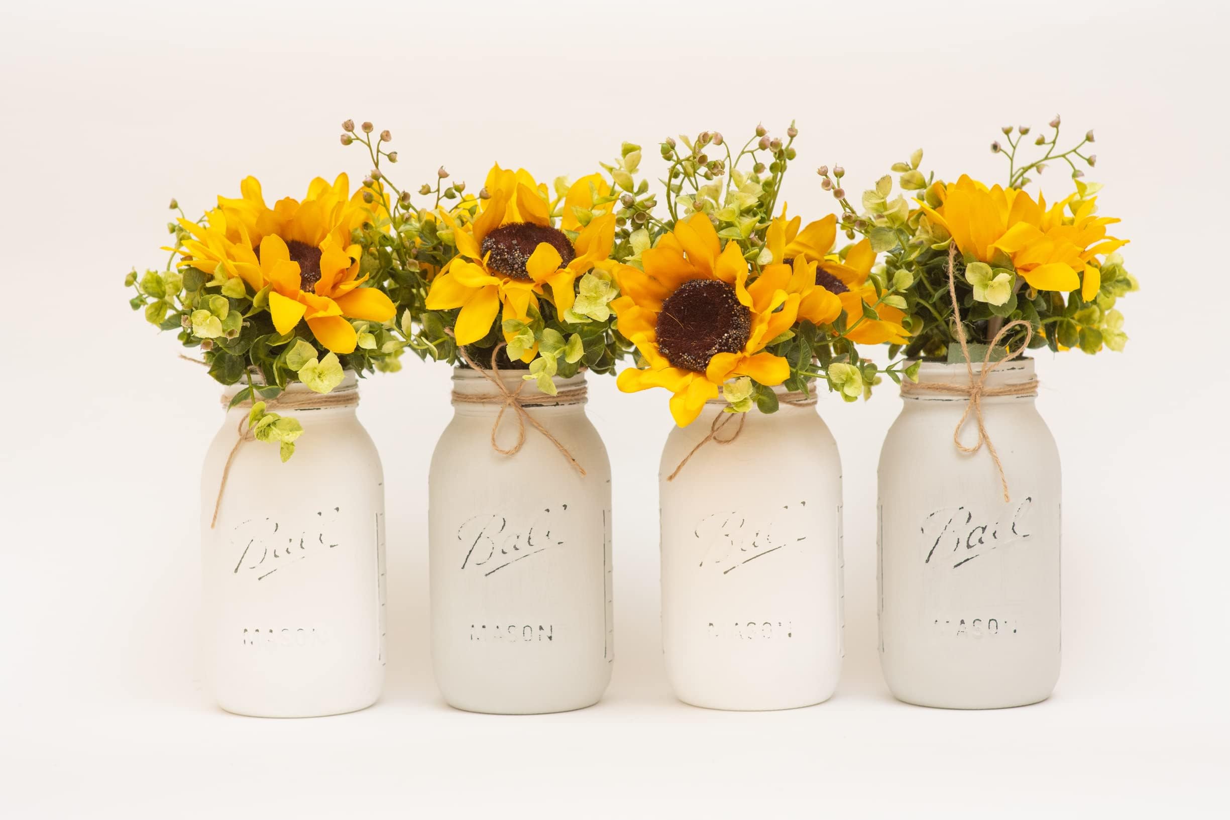 Set of 3, 4, or 5 - Painted Distressed Mason Jars - Choose Pint 16 oz or Quart 32 oz, Your Choice of Jar Colors, Artificial Flowers are Optional, Boho Chic Sunflower Centerpieces for Tables Wedding