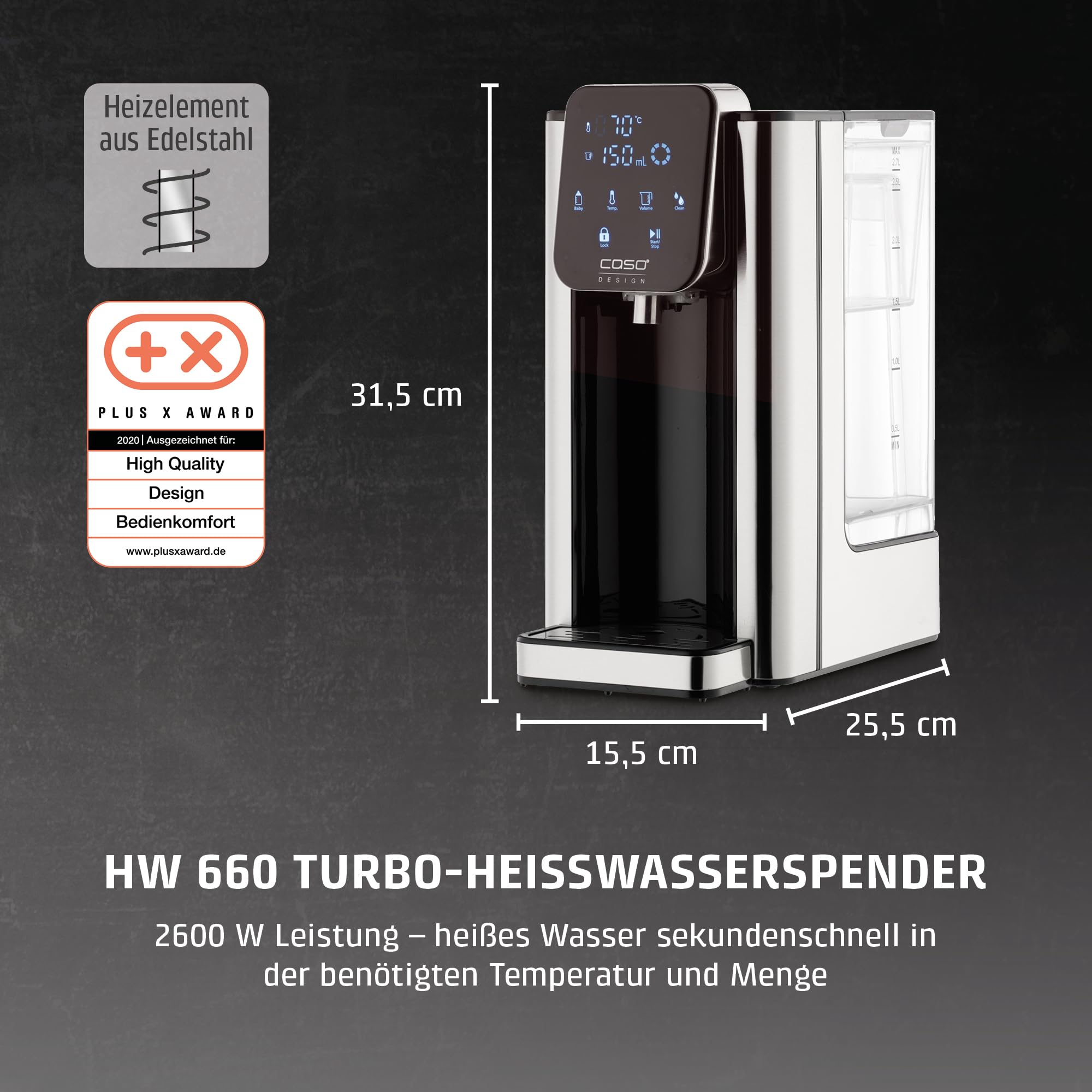 CASO HW 660 Heißwasserspender - heißes Wasser in wenigen Sekunden, spart bis zu 50% Energie gegenüber Wasserkochern, 8 Mengenausgaben, für Babynahrung geeignet, Integrierte Entkalkungserinnerung