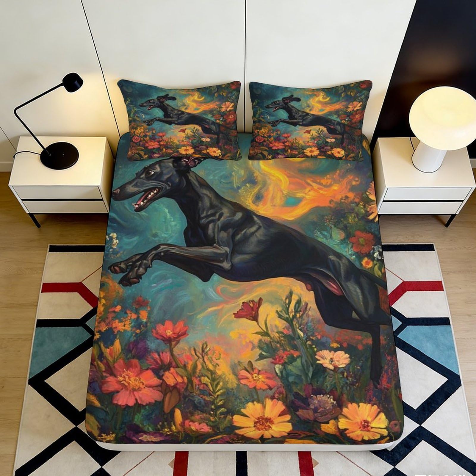 3D Printed Black Greyhound Floral Fitted Sheet Microfiber Mattress Cover Vibrant Art for Bedroom Guest Room 120x200x25cm