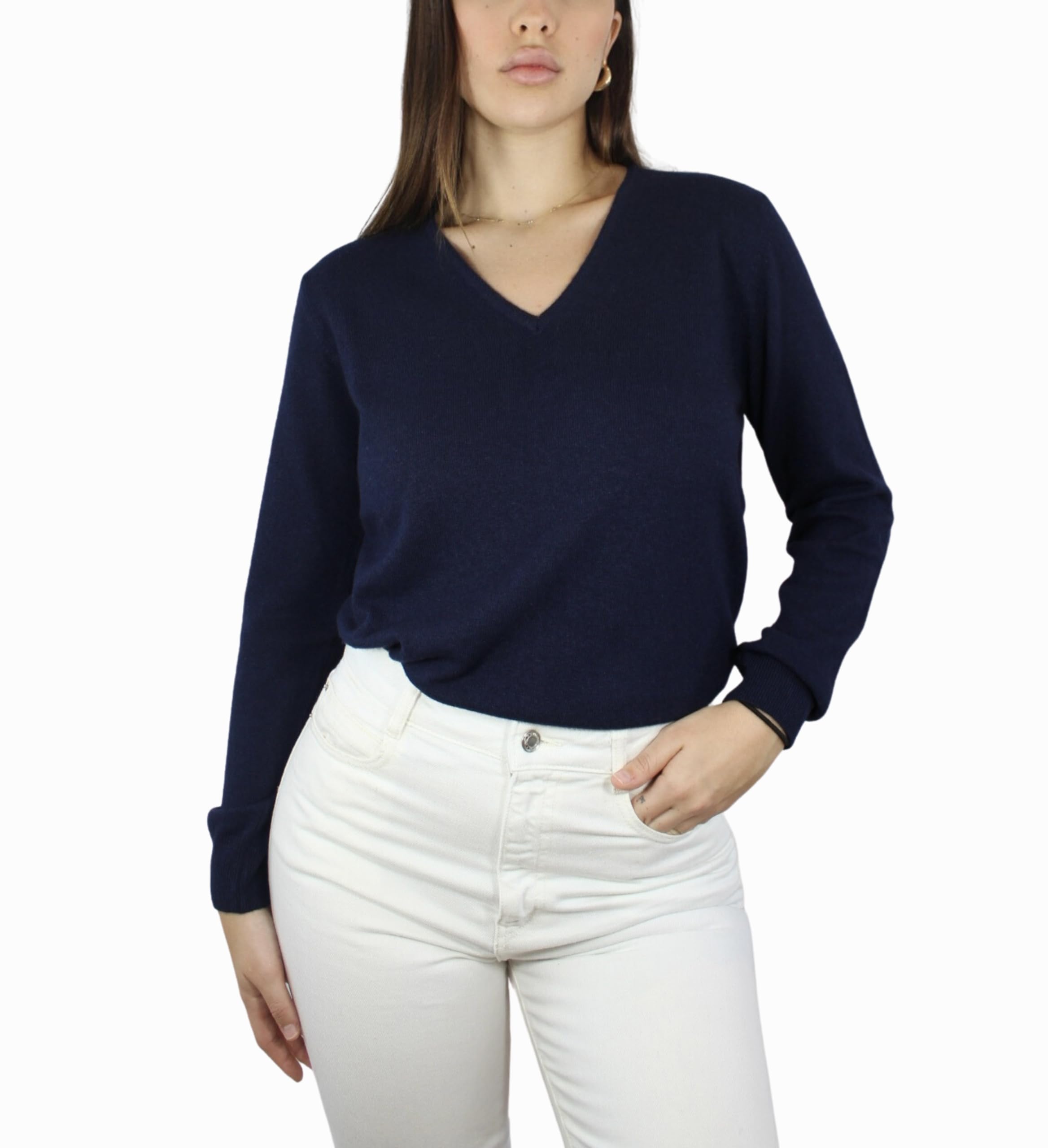 Win's Women's Cashmere V-Neck Sweater, Made in Italy, Navy blue, XL