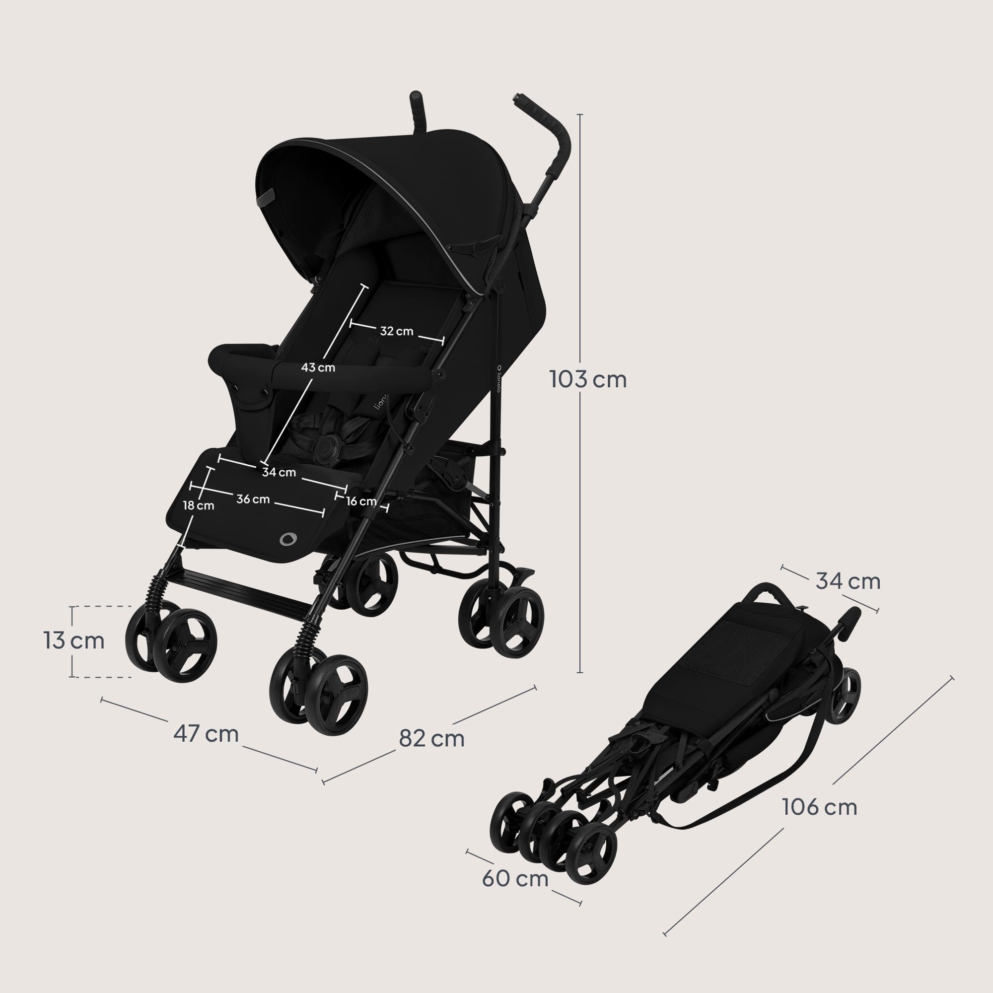 LIONELO Elia Buggy mały, składany wózek dziecięcy, do 15 kg, regulacja oparcia i podnóżka, hamulec tylnego koła, moskitiera, ogrzewacz nóg, kosz na zakupy | 6-36 miesięcy, lekkie i kompaktowe, odchylane oparcie w pozycji leżącej, 5-punktowe paski, płaszcz