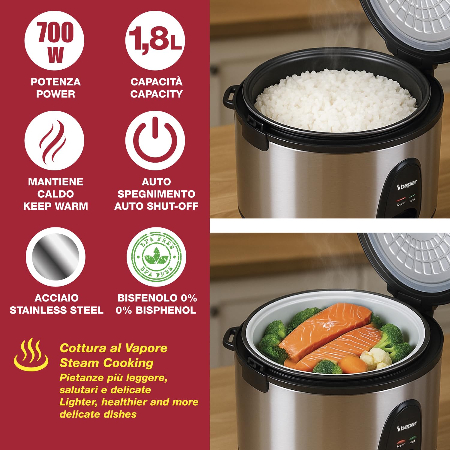 BEPER P101VAP020 Vaporé Max Cuociriso 1800g, Antiaderente, Funzione Mantieni Caldo, Cottura a Vapore, Acciaio Inox, Accessori Inclusi, BPA Free