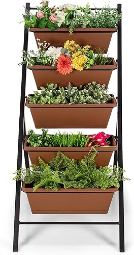 Miniatura 8 de Giantex Maceta vertical elevada, camas de jardín elevadas con orificio de drenaje de agua, cajas independientes de 5 contenedores para cultivo de