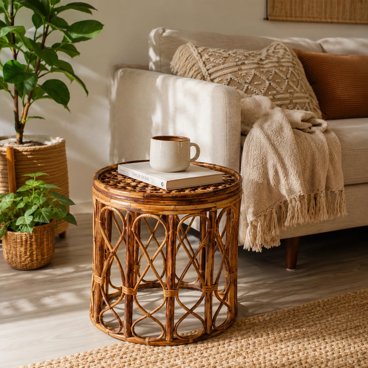 Handcrafted Premium Natural Bamboo Stool, Round Open Weave | Multipurpose Use, Lightweight Design, 33 cm Diameter, Durable Construction, Side Table & Plant Stand-image-34