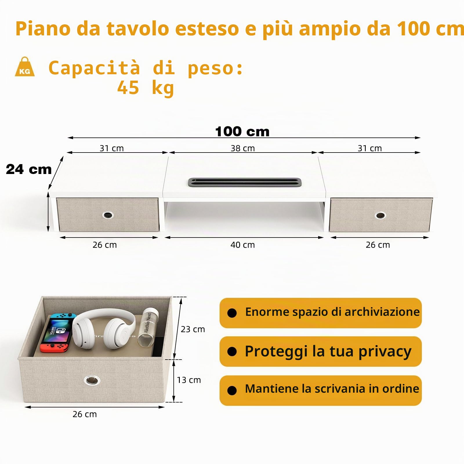 Supporto per monitor a doppio monitor con 2 cassetti, grande supporto per computer, organizzatore desktop in legno, perfetto per scrivania domestica, computer, laptop, TV
