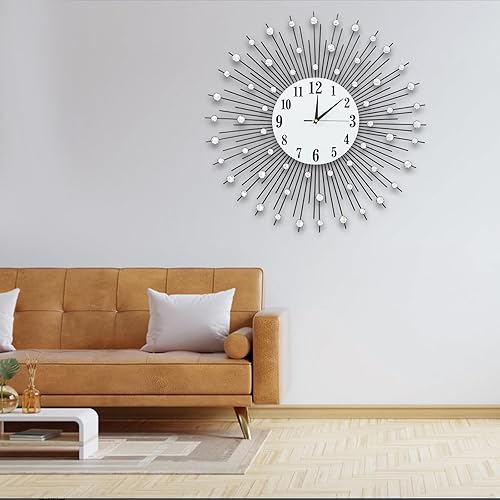 Reloj de pared moderno con forma de flor de cristal 3D, 23.62 pulgadas, espejo plateado de metal vintage, brillante, con tachuelas de diamantes,
