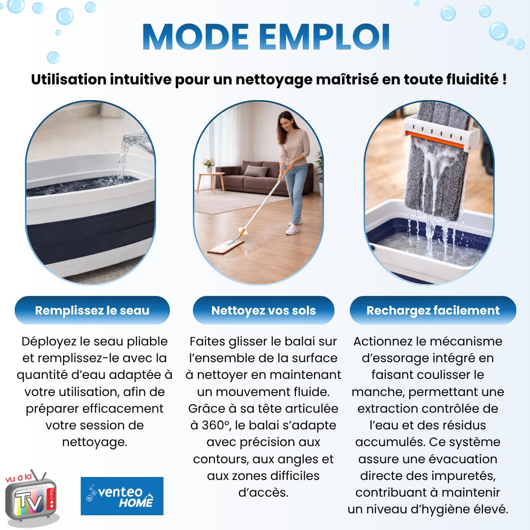 VENTEO – Escoba de fregona con cubo retráctil | Sistema de estorbar integrado con cabezal giratorio raspador de suelo | Limpieza de suelos superficies duras paredes baldosas | Fregona versátil