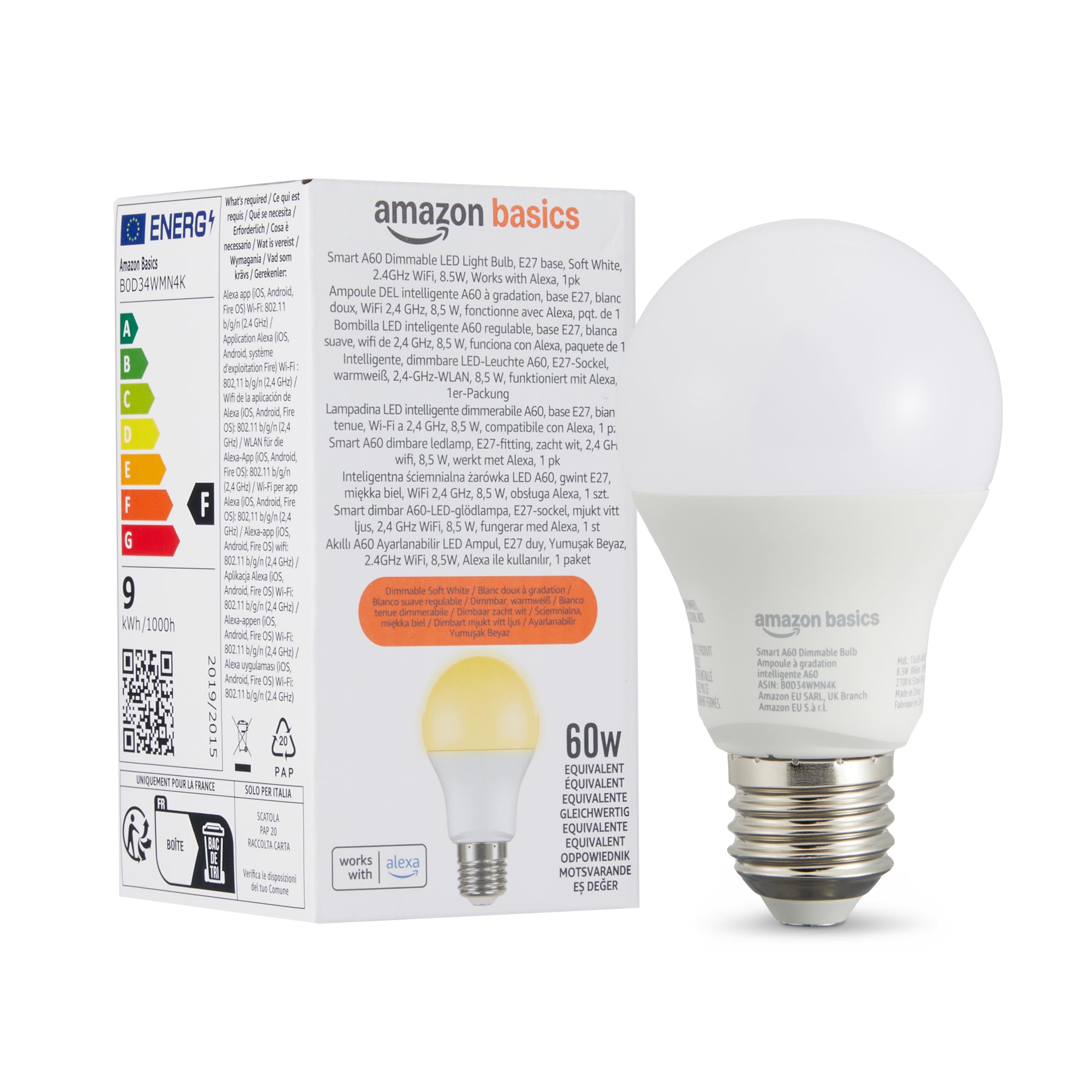 Amazon Basics Lampadina LED intelligente A60, dimmerabile, attacco E27, bianco caldo, WiFi da 2,4 GHz, 8.5 W, compatibile solo con Alexa, 1 confezione
