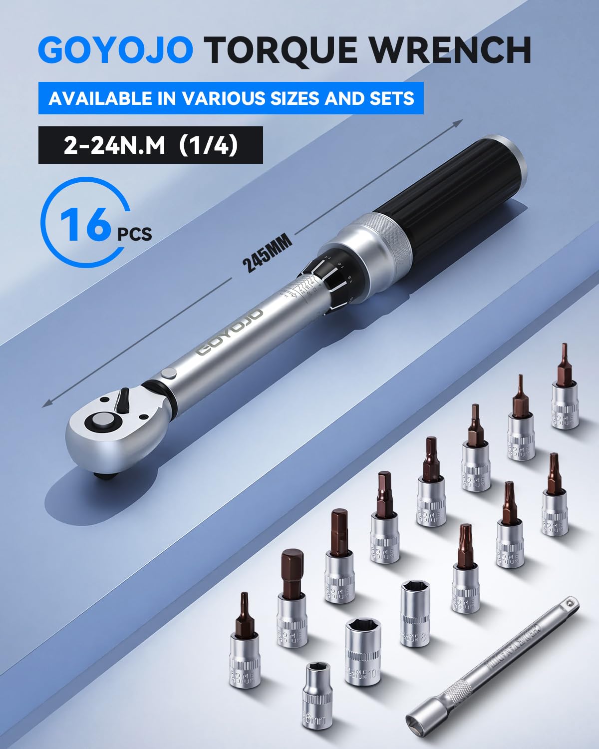 GOYOJO 1/4" Chiave Dinamometrica di Torsione 2-24 Nm, Precisione ± 3%,16 Pezzi Kit di manutenzione per Bici Strada Montagna con 10cm Barra di Estensione, Hex e Torx Bit, Prese a
