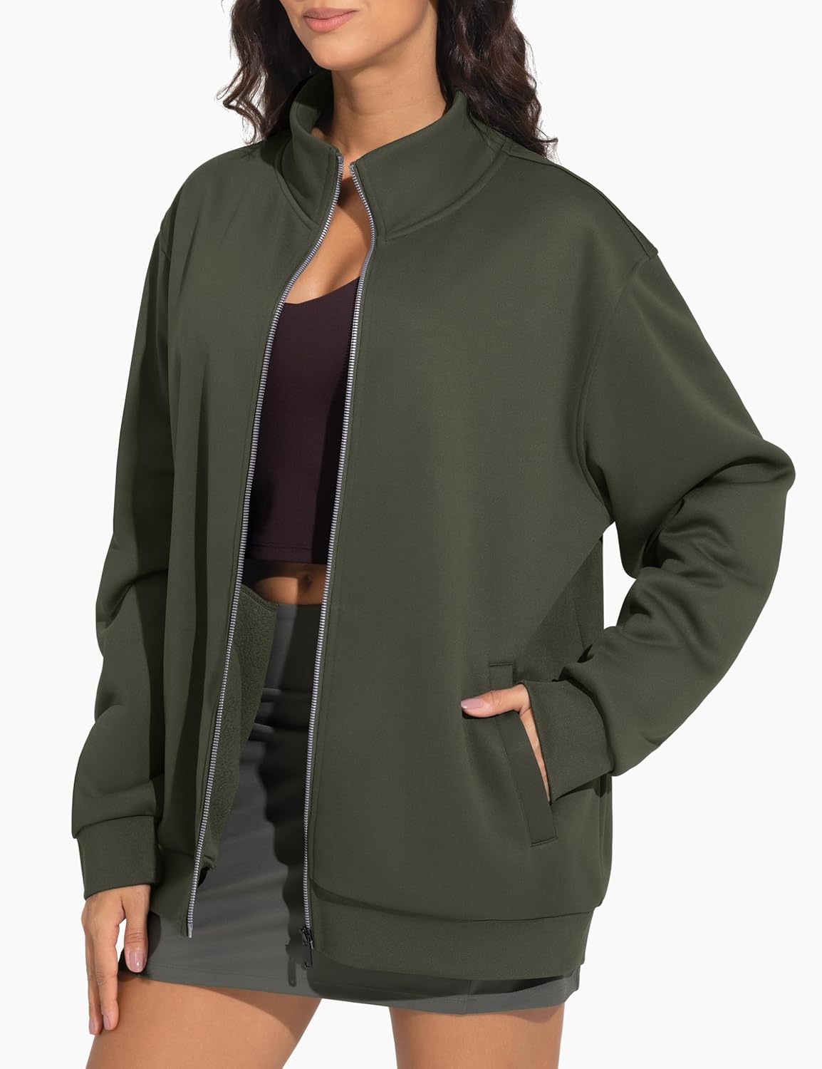 THE GYM PEOPLE Women's Oversized Full Zip Up Sweatshirts Fleece Long Sleeves Stand Collar Workout Jacket with Pockets - Image 2