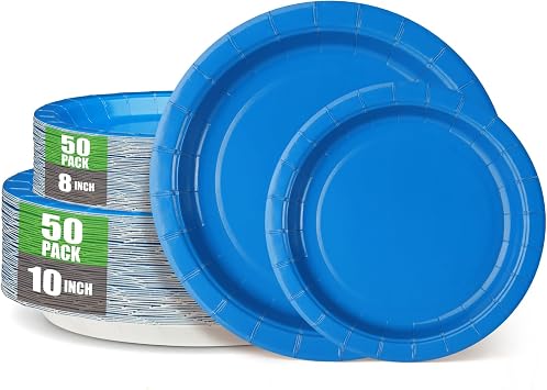 Dark Blue Disposable Paper Plates 400GSM -50 x 10 Dinner Plates and 50 x 8 Dessert Plate,for Family Use,Birthday,Anniversaries,Engagements and More