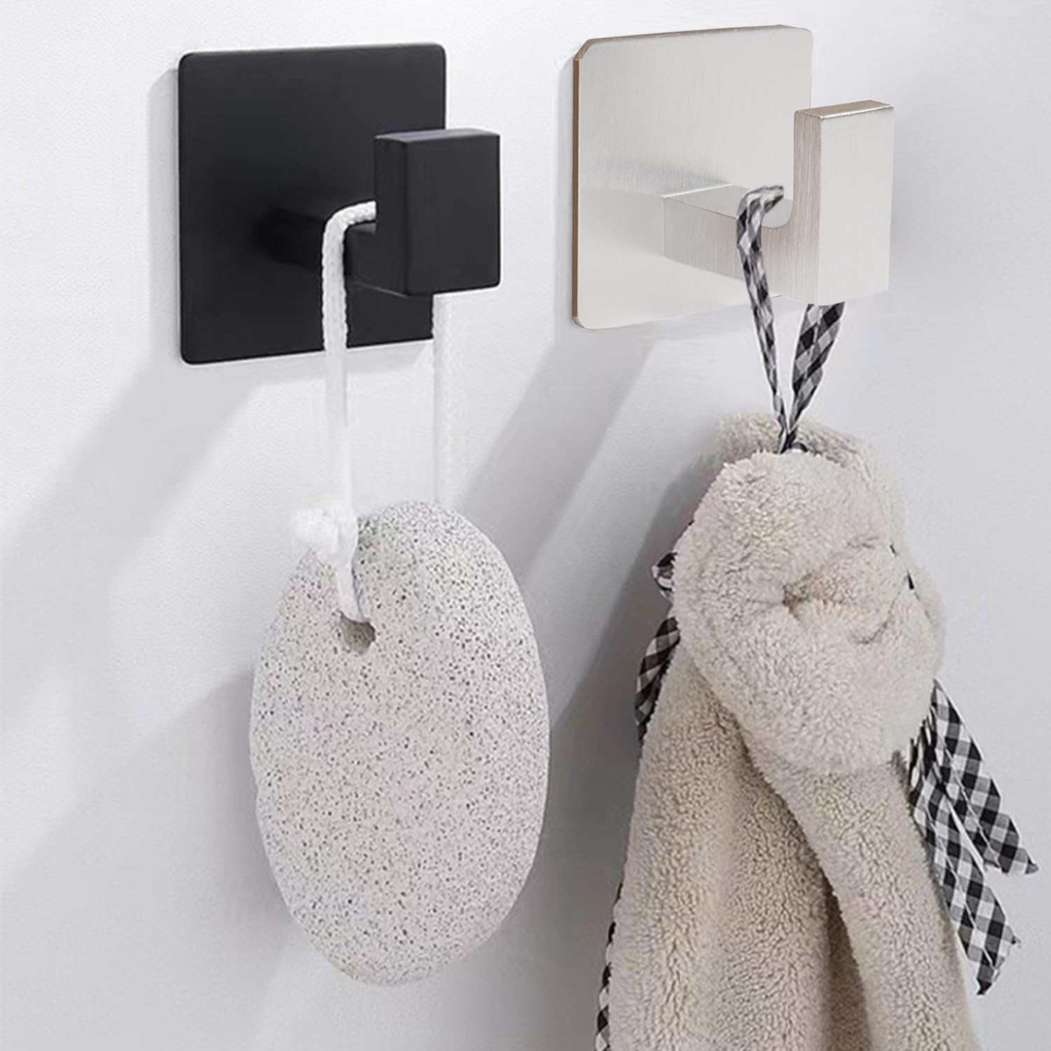 Bathroom Towel Hooks, 2 Pack Self Adhesive Square Coat Hooks, Sturdy No Drilling Robe Hook, Heavy Duty Aluminum Clothes Hanger, Wall Hooks for Bathroom Bedroom Kitchen(Black, 2 in)