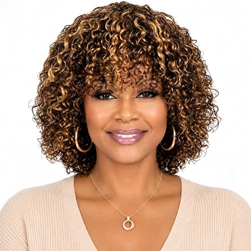 OnePart Short y Curly Human Hair Wig with Bangs for Black Women 12 Inch | 100 percent human hair wigs machine made glueless jerry curly brown with honey blonde colored wigs human hair P4/27