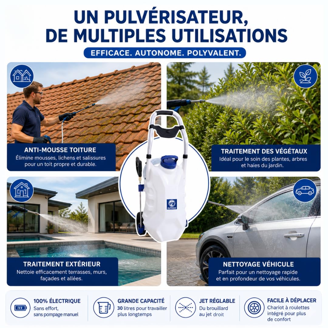 Pulvérisateur électrique Pro Sprayer OUTIWAX - 2 Batteries + Cloche de pulvérisation - Jet jusqu'à 10m à 13m - contenance 30L - 3 Buses Spray - Pulvérisateur électrique toiture Longue portée