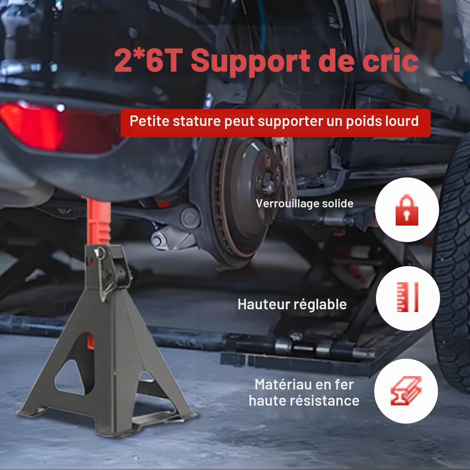 Chandelles Voiture 6T, Hauteur Réglable 390-585mm | Chandelles à Crémaillère, Chandelles en acier pour Soulever des Véhicules Auto SUV Atelier Dépannage