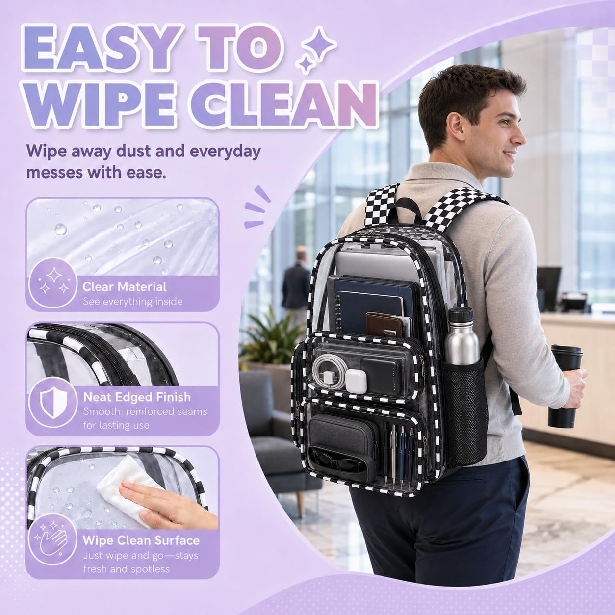 BTOOP Zaino trasparente resistente borsa trasparente da 43,2 cm trasparente per scuola, donne, uomini, lavoro, festival, sport, viaggi