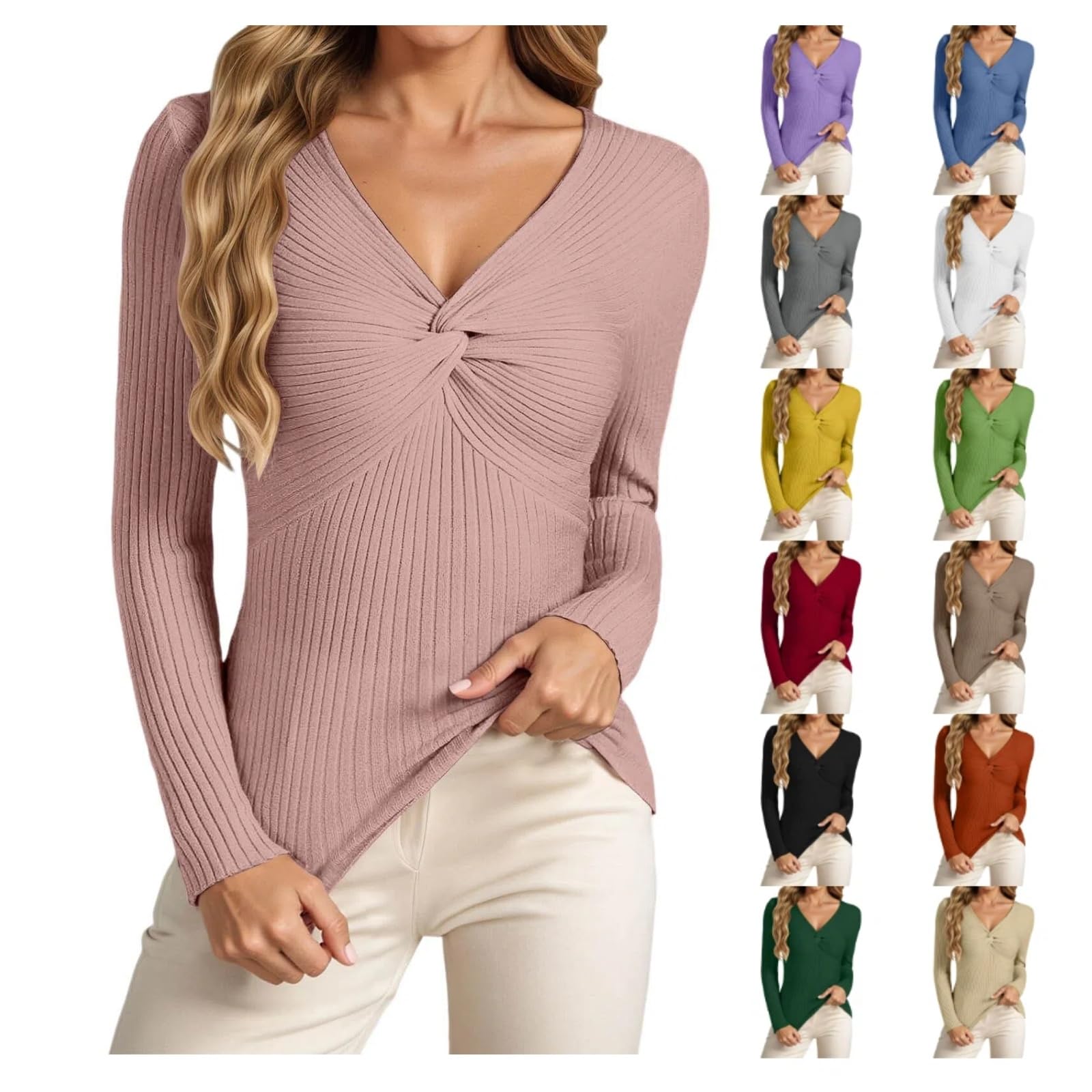 Knitted Sweaters for Women Fall Long Sleeve Lightweight V Neck Sexy Ribbed Knit Sweater Slim Fit Basic Casual