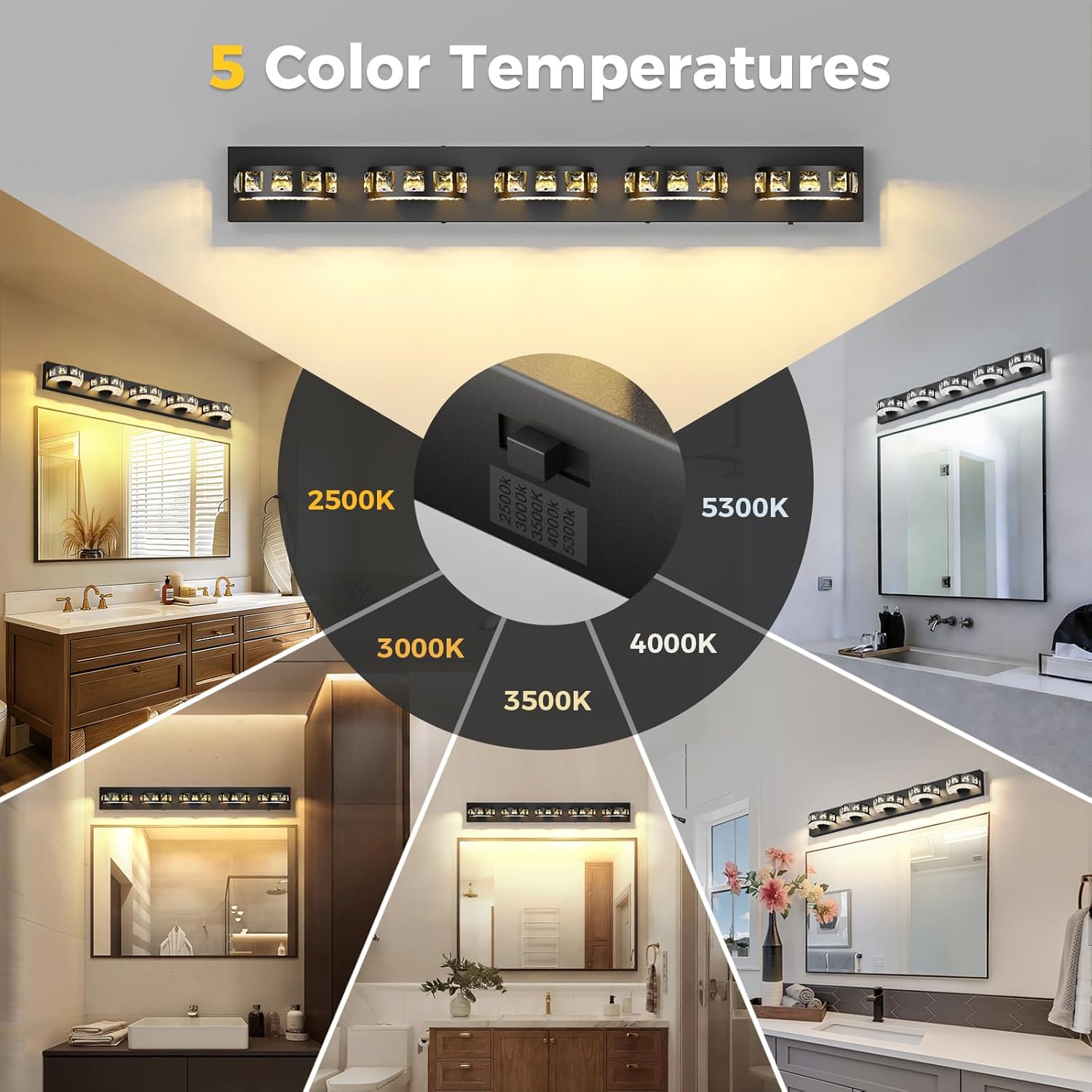 Modern Bathroom Vanity Lights 36.6 inch 5 Color Temperature Black Light Fixtures for Bathroom Above Mirror(5-Light,Dimmable)crystal Bathroom Light Fixtures for Mirror,Living Room,Kitchen,Hallway