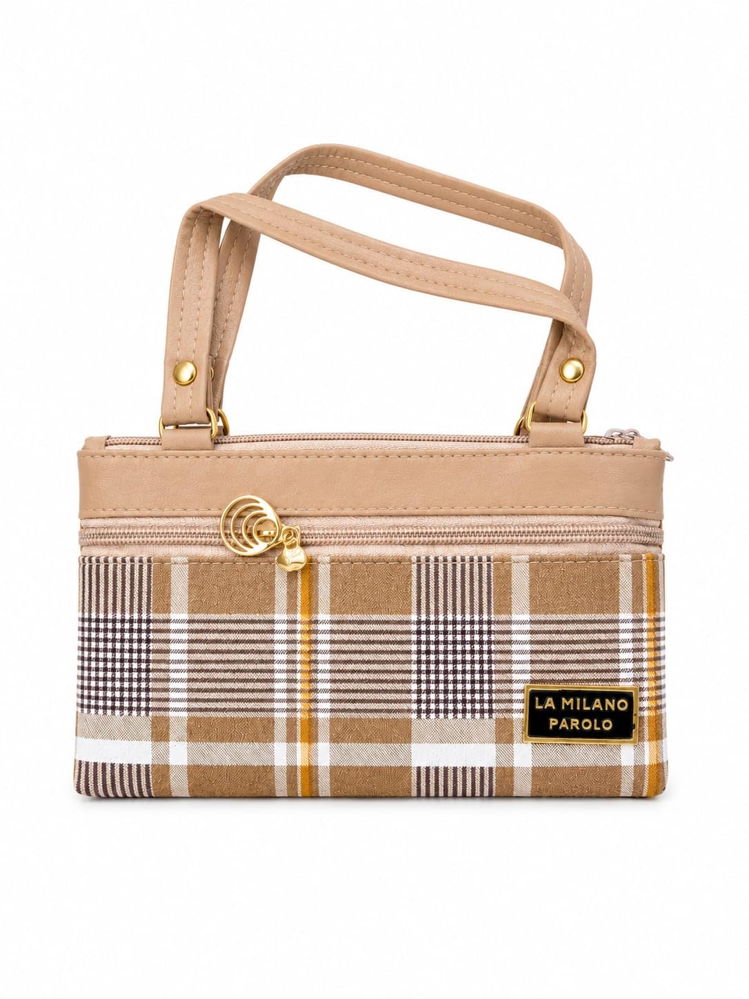 Plaid Handbag, Compact Satchel with Gold-Tone Hardware, Checkered Pattern-picture-48