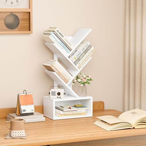 Vista 7 de Estantería para libros de árbol pequeño, estantería de árbol negro de 5 niveles, estantería de escritorio blanca, estantería de almacenamiento