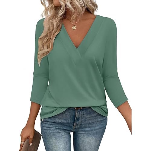 Bliwov Womens Fall Tops V Neck 3/4 Sleeve Outfits Loose Fit Soft Plus Size Clothes Business Casual Beach Oversize T Shirts