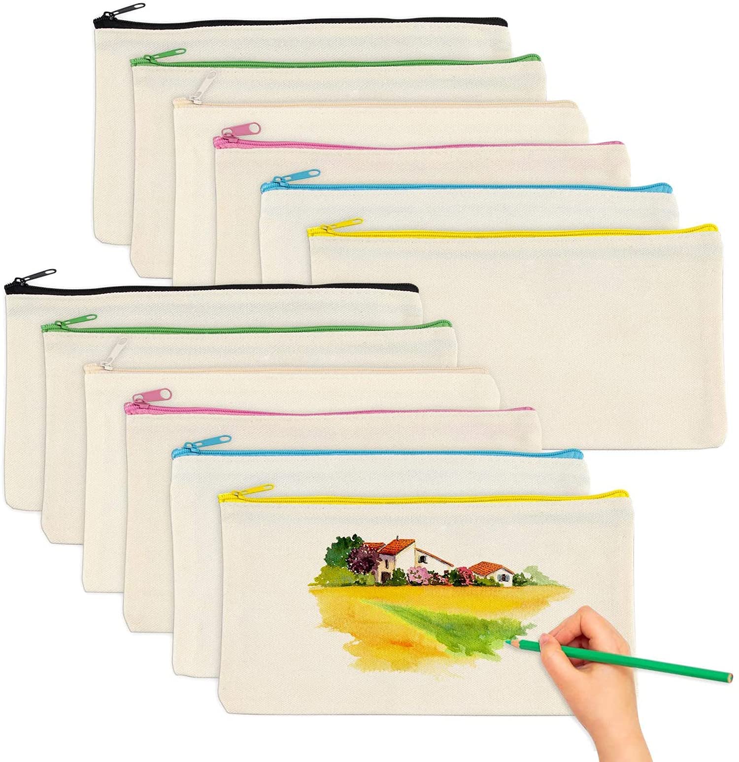 ExpressShopDIY Cosmetic Bag With Zipper, 10Pack Blank Makeup Bags, Cotton Canvas Pouches, Multi-purpose Travel Toiletry Bag, Gift